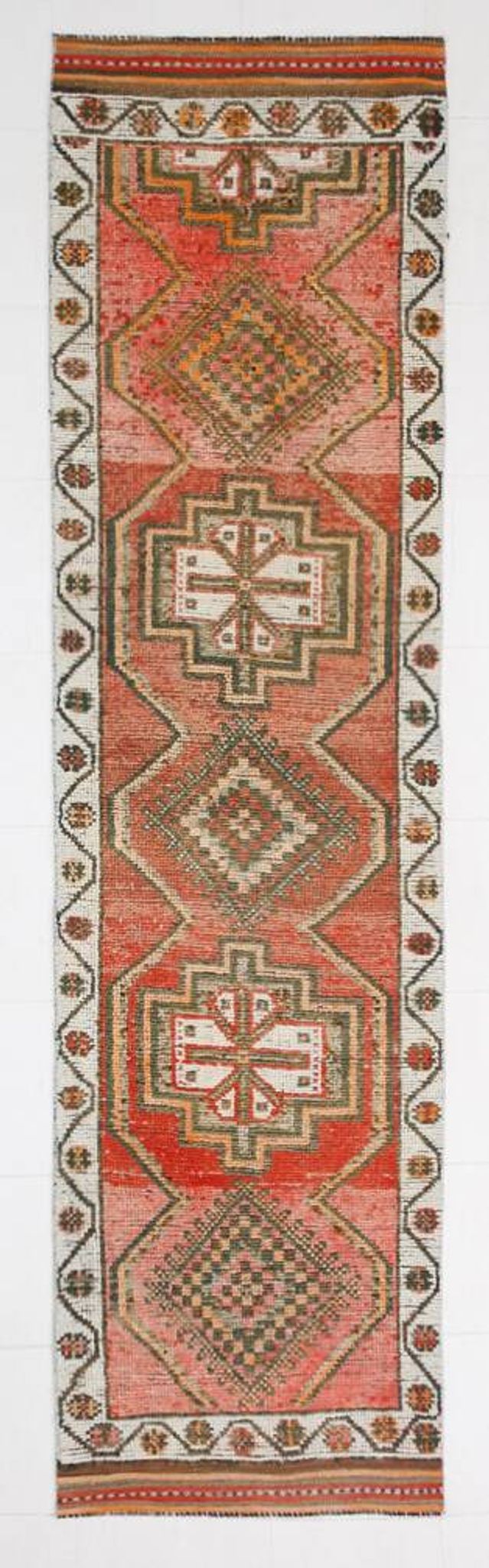 Brick Red Geometric Style Turkish Oushak Runner Rug, 90x340 Cm