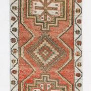 Brick Red Geometric Style Turkish Oushak Runner Rug, 90x340 Cm