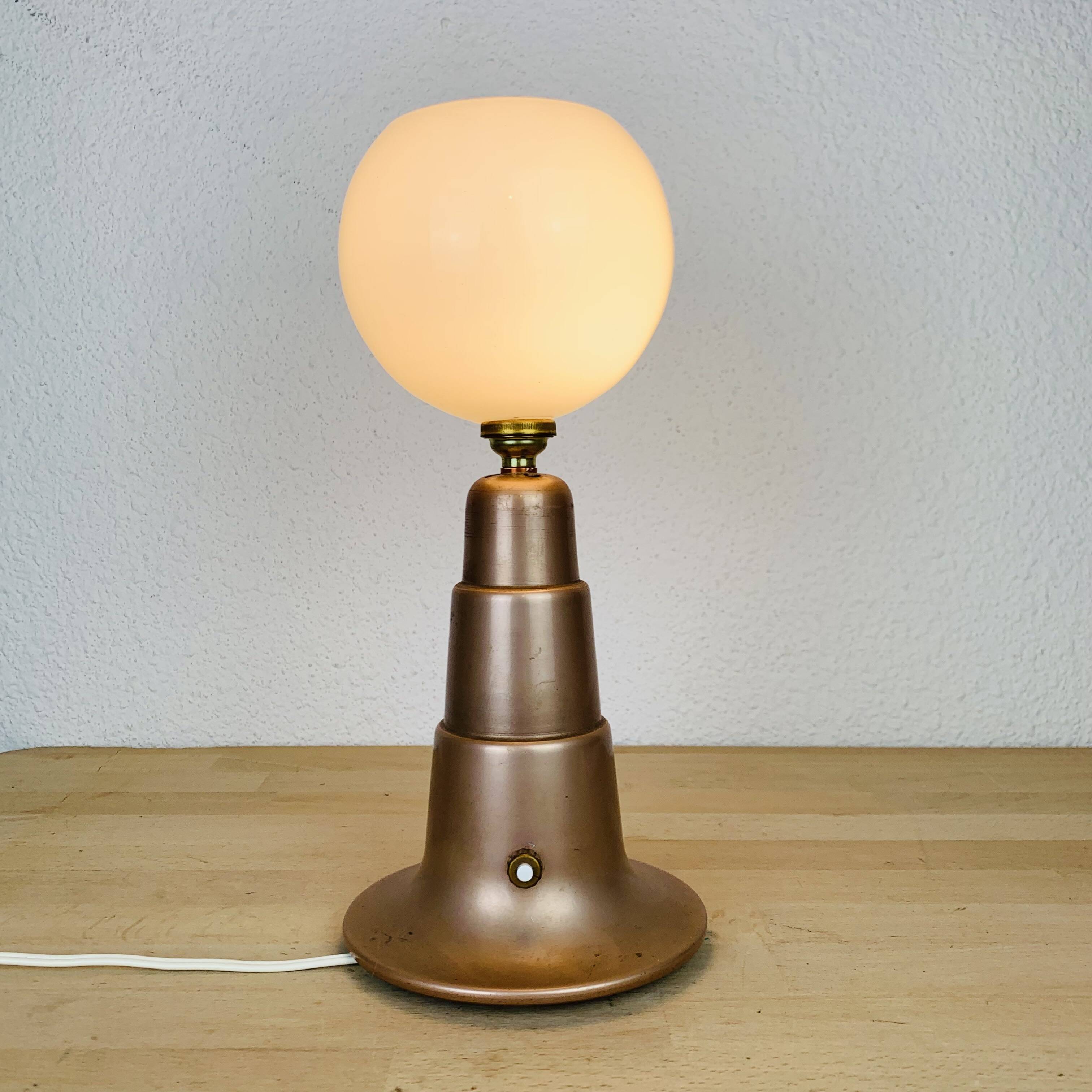 Art Deco conical copper lamp and opaline globe