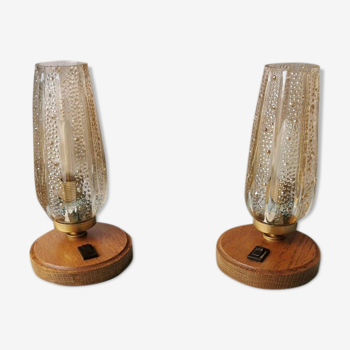 Lampes en bois avec capot en verre doré, années 70