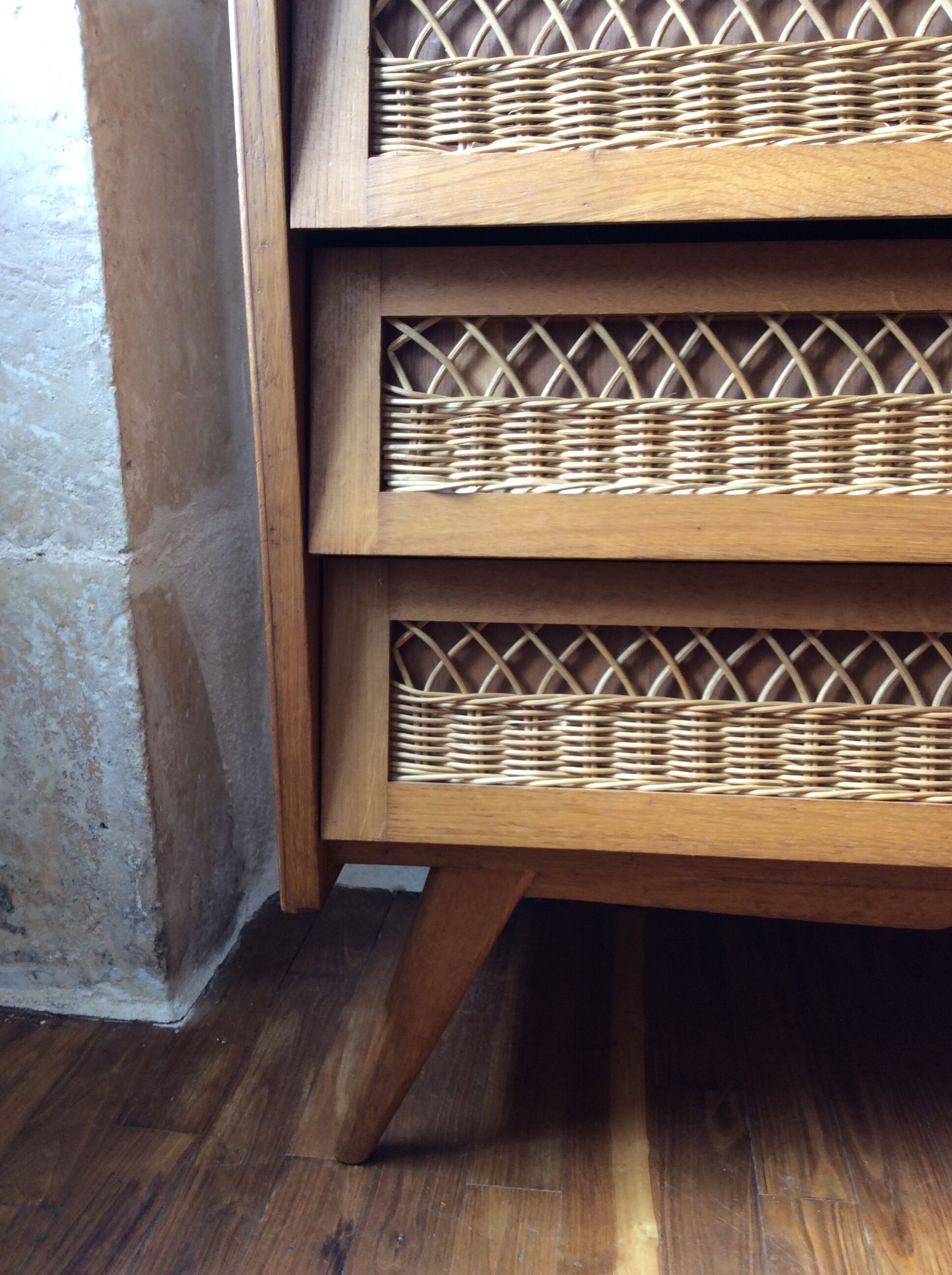 Chest of drawer vintage 50's wood and rattan