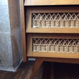 Chest of drawer vintage 50's wood and rattan
