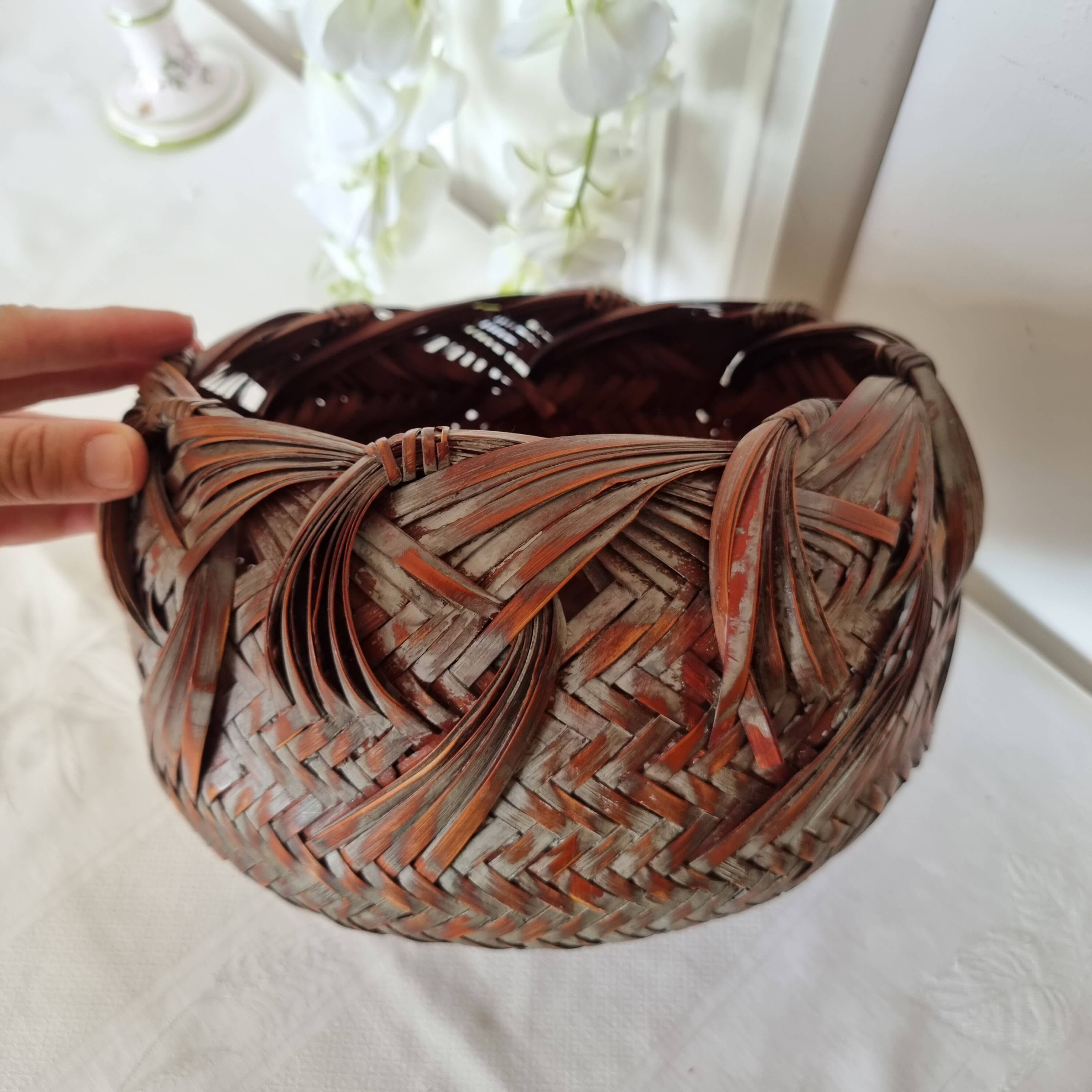 Vintage Japanese Ikebana basket made of smoked bamboo in natural