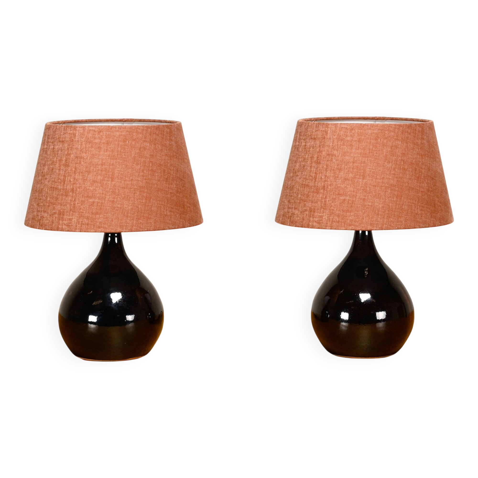 Lampes de table en céramique moderne scandinave émaillées brun foncé, Danemark années 1960.