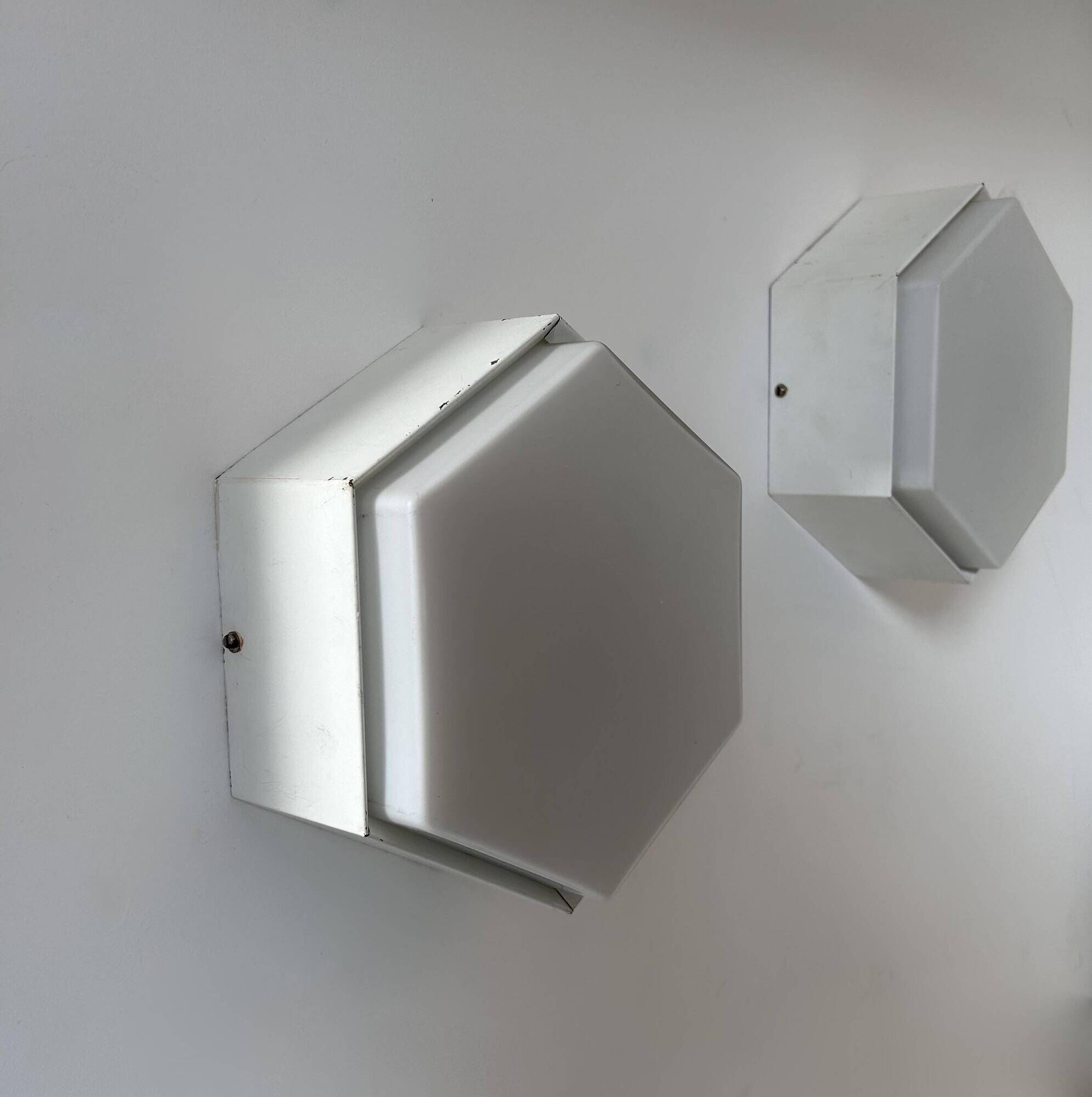 Pair of vintage Raak wall lights, opaline and white lacquered metal, Netherlands 1968