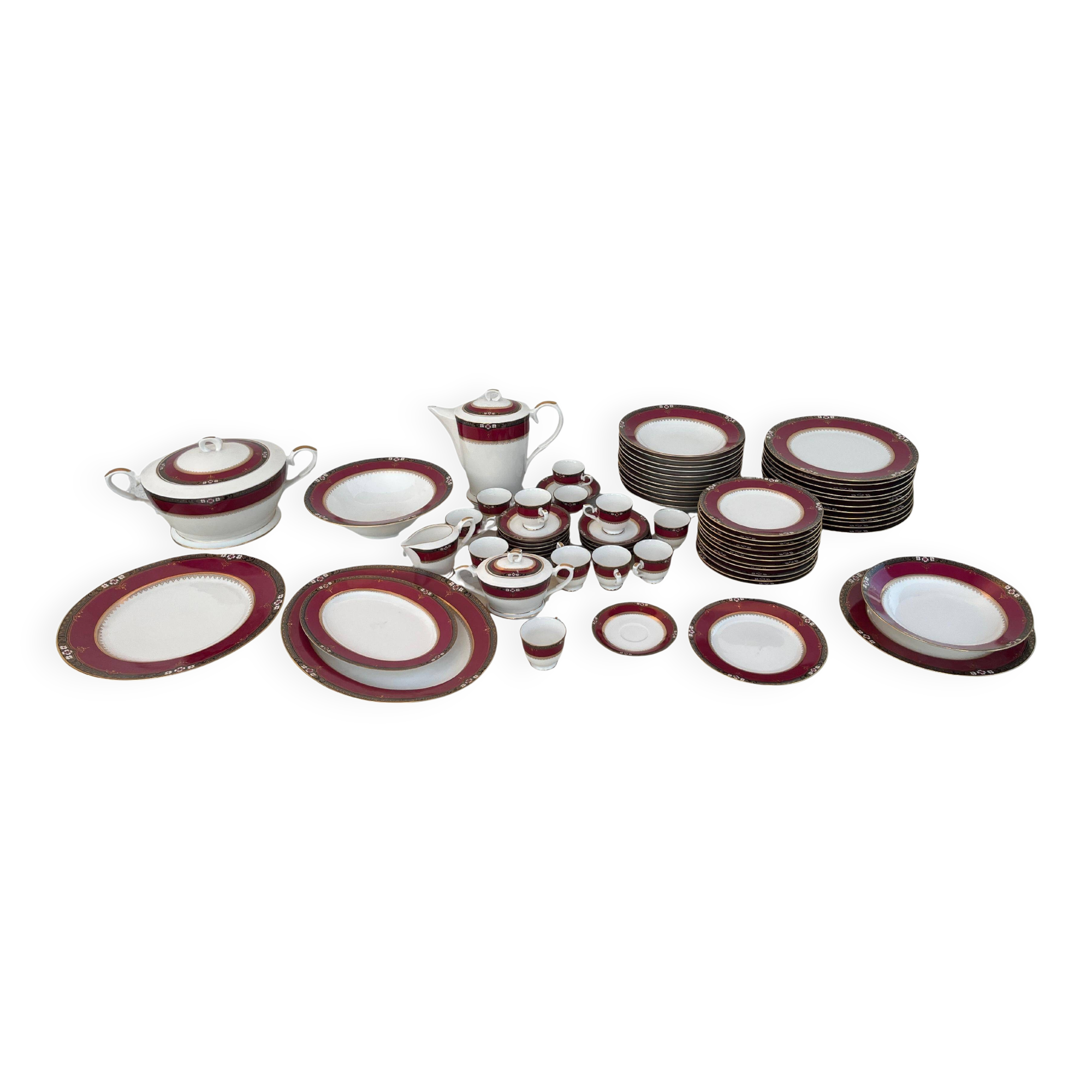Elegant mid-century Japanese bone china service for 12 in white and noble red