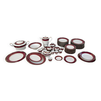 Elegant mid-century Japanese bone china service for 12 in white and noble red