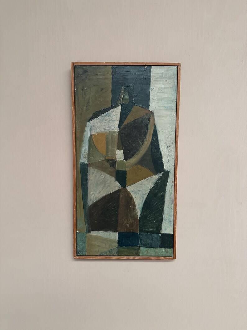 Original Swedish Oil on Canvas – "Abstrakt Komposition" by Hans Fritzdorf (1927–1990) – Vintage and Framed – 71 × 38 cm (28" × 15")