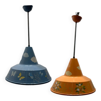 Italian vintage Hand Painted Metal Light Pendants Set of 2