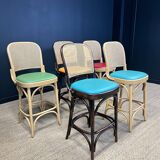 Lot de 5 chaises hautes bois clair et bois foncé avec cannage