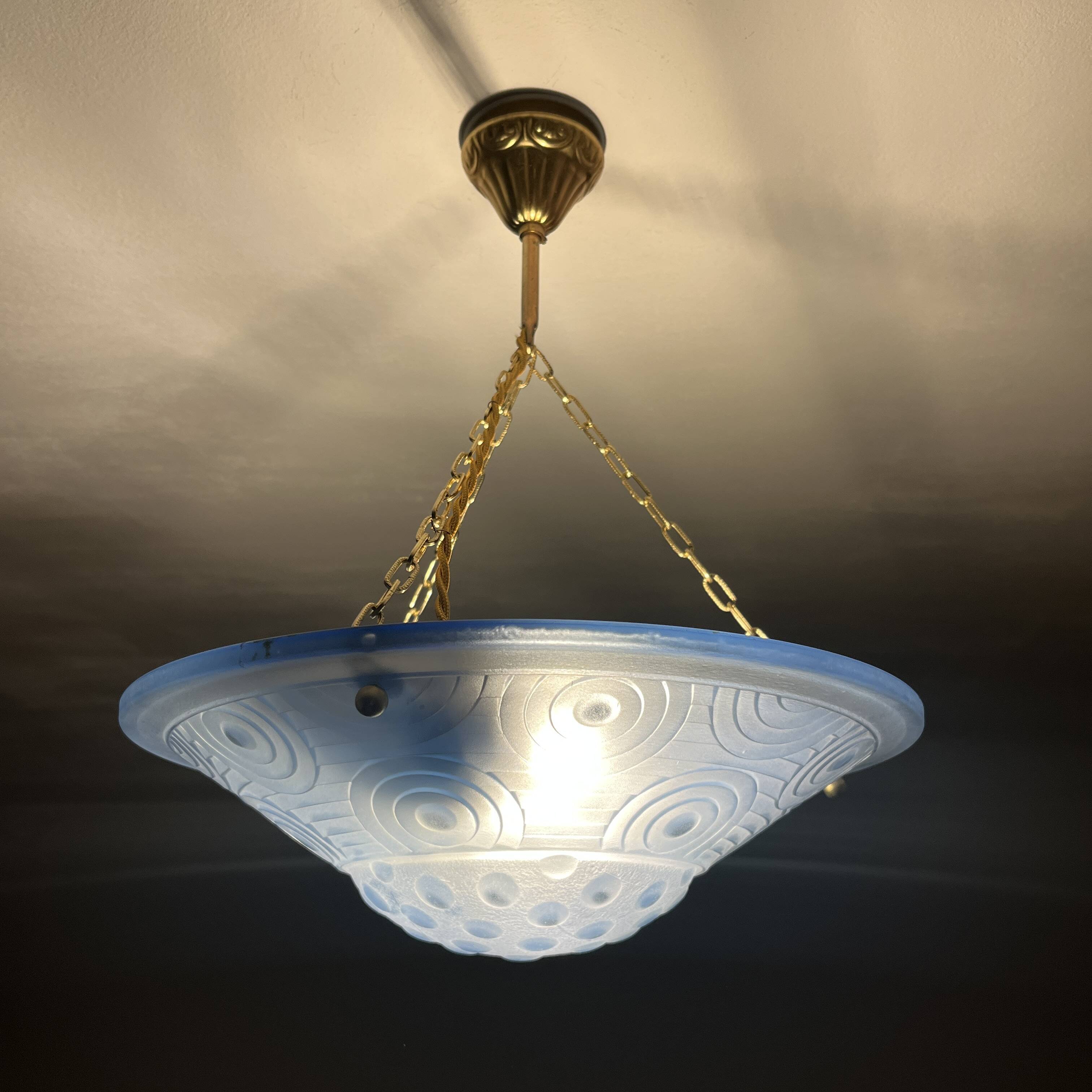 Blue pressed glass basin with Art Deco geometric patterns