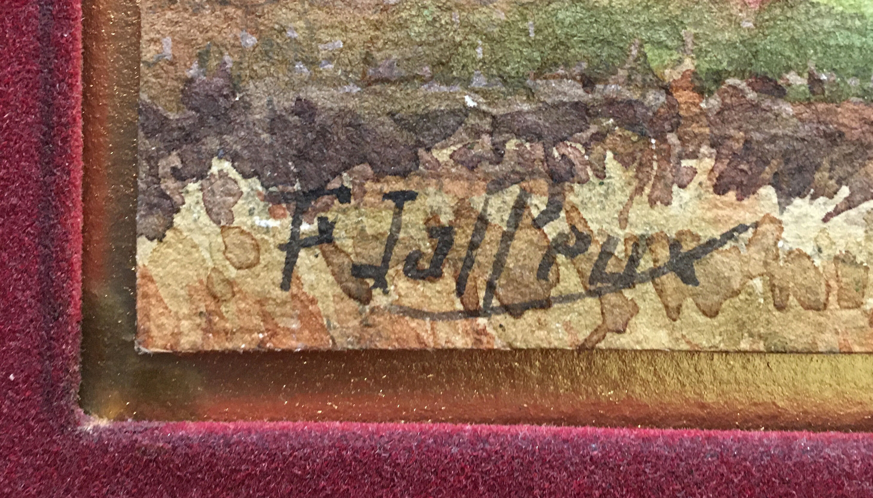 Watercolour painting Village with bell tower signed around 1900