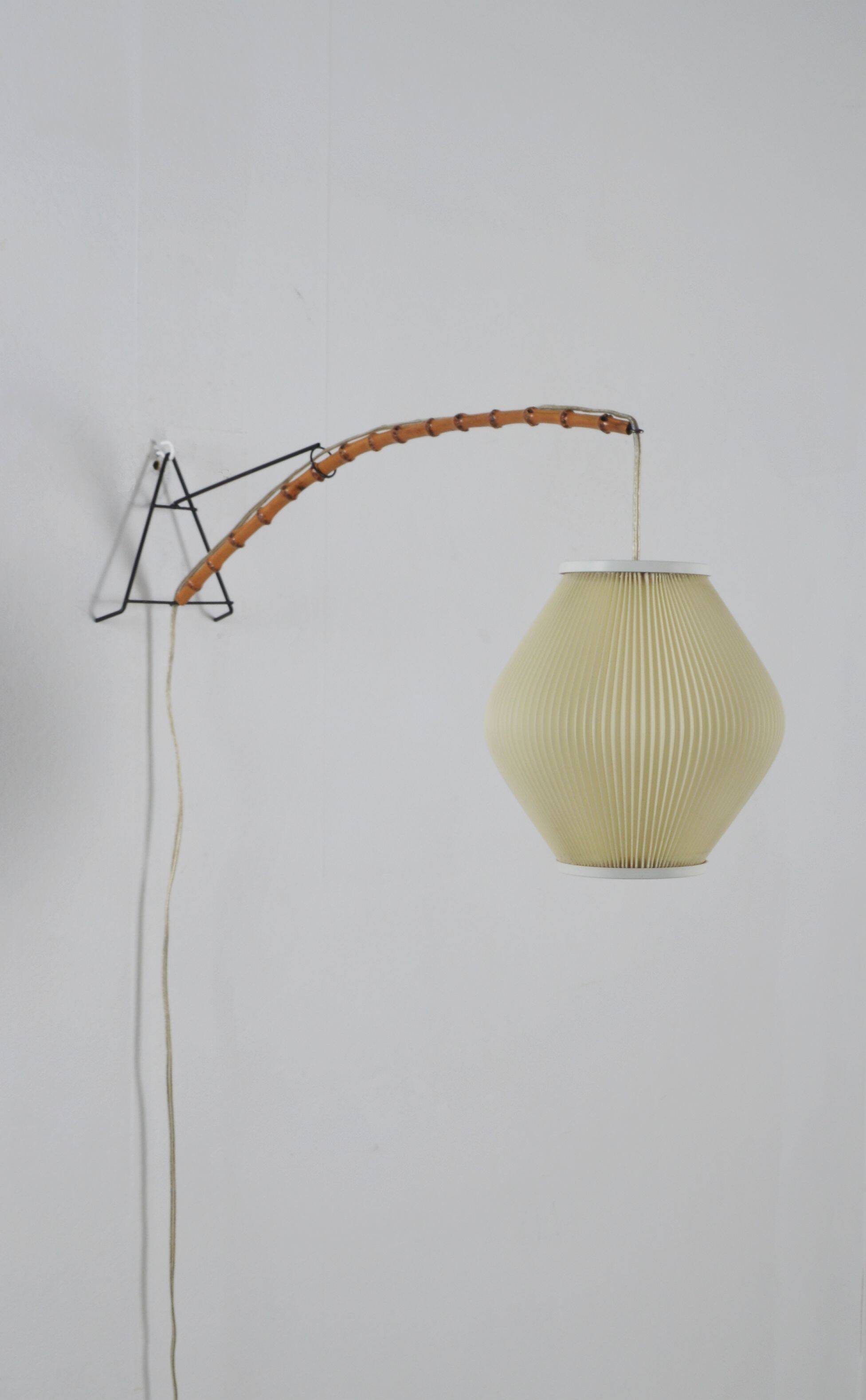 Danish wall lamp with wooden arch and pearl shade lampshade, 1960s