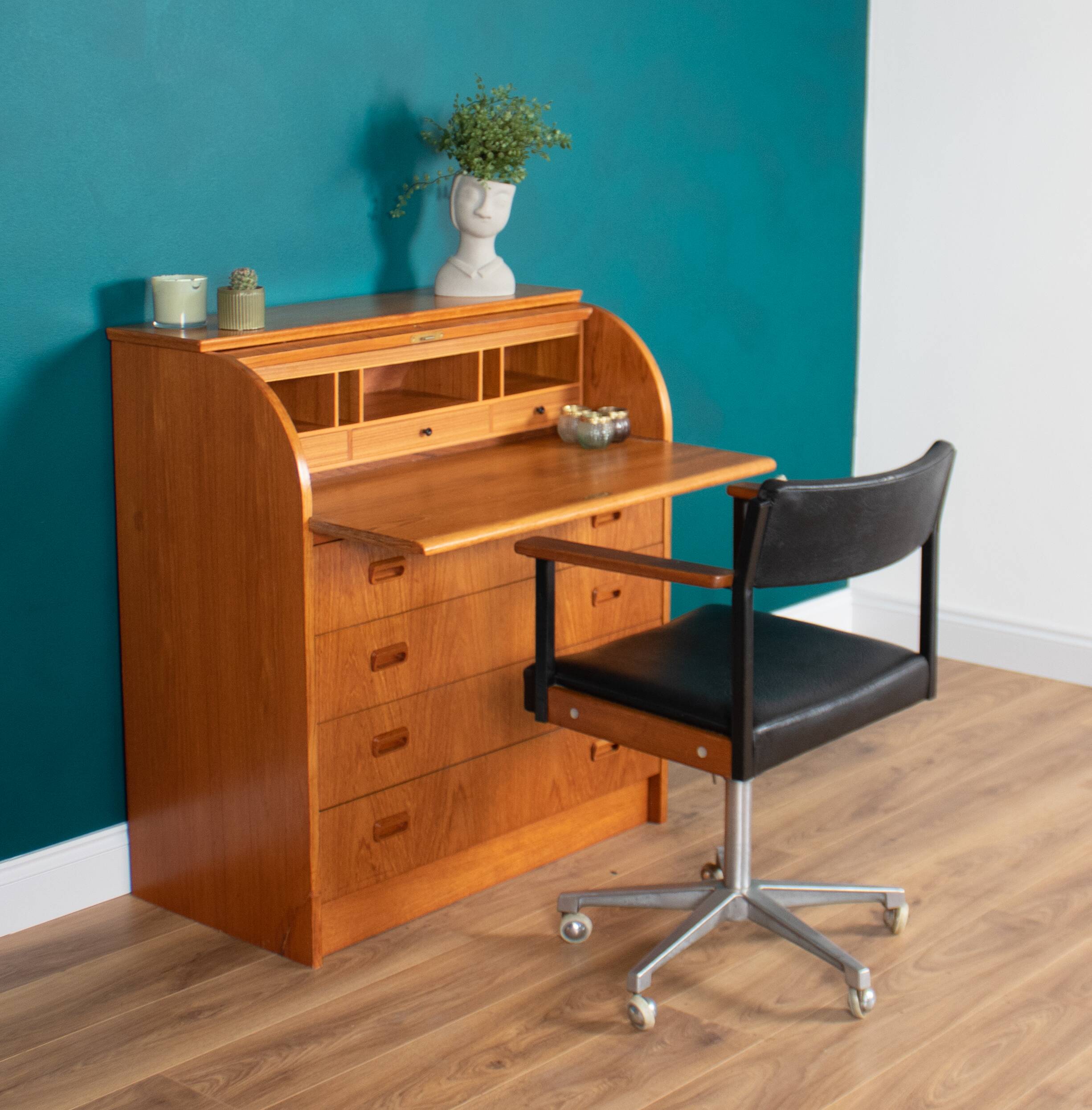 Retro Teak 1960s Danish Tambour Front Roll Top Bureau Writing Desk
