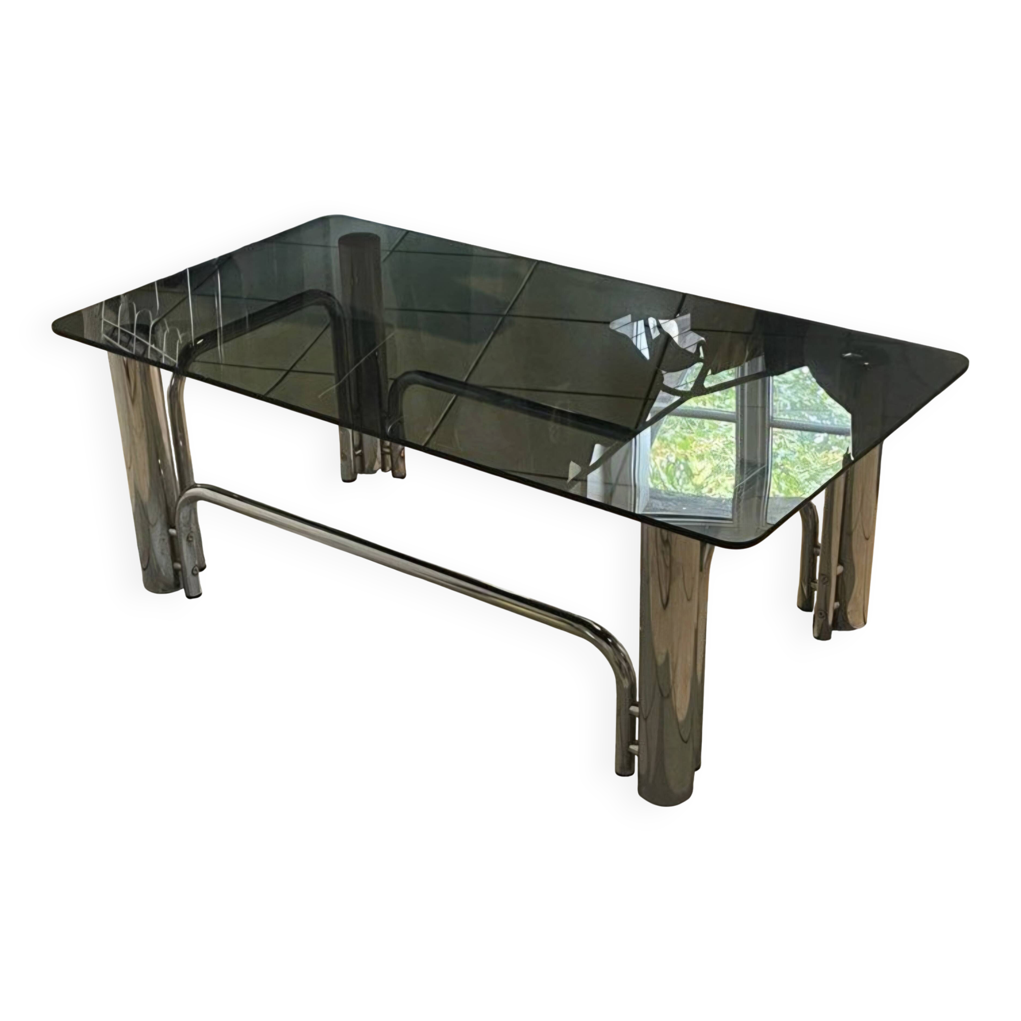 Vintage coffee table in smoked glass and chrome metal, 1970s design.