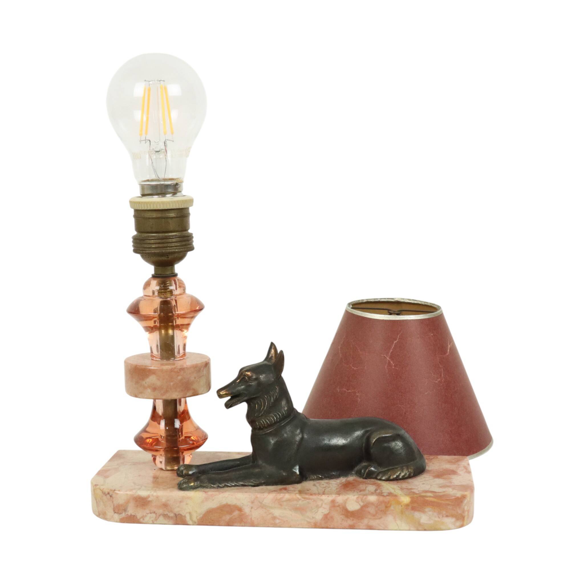 French Art Deco Table Lamp Pink Marble Glass Shepherd Dog