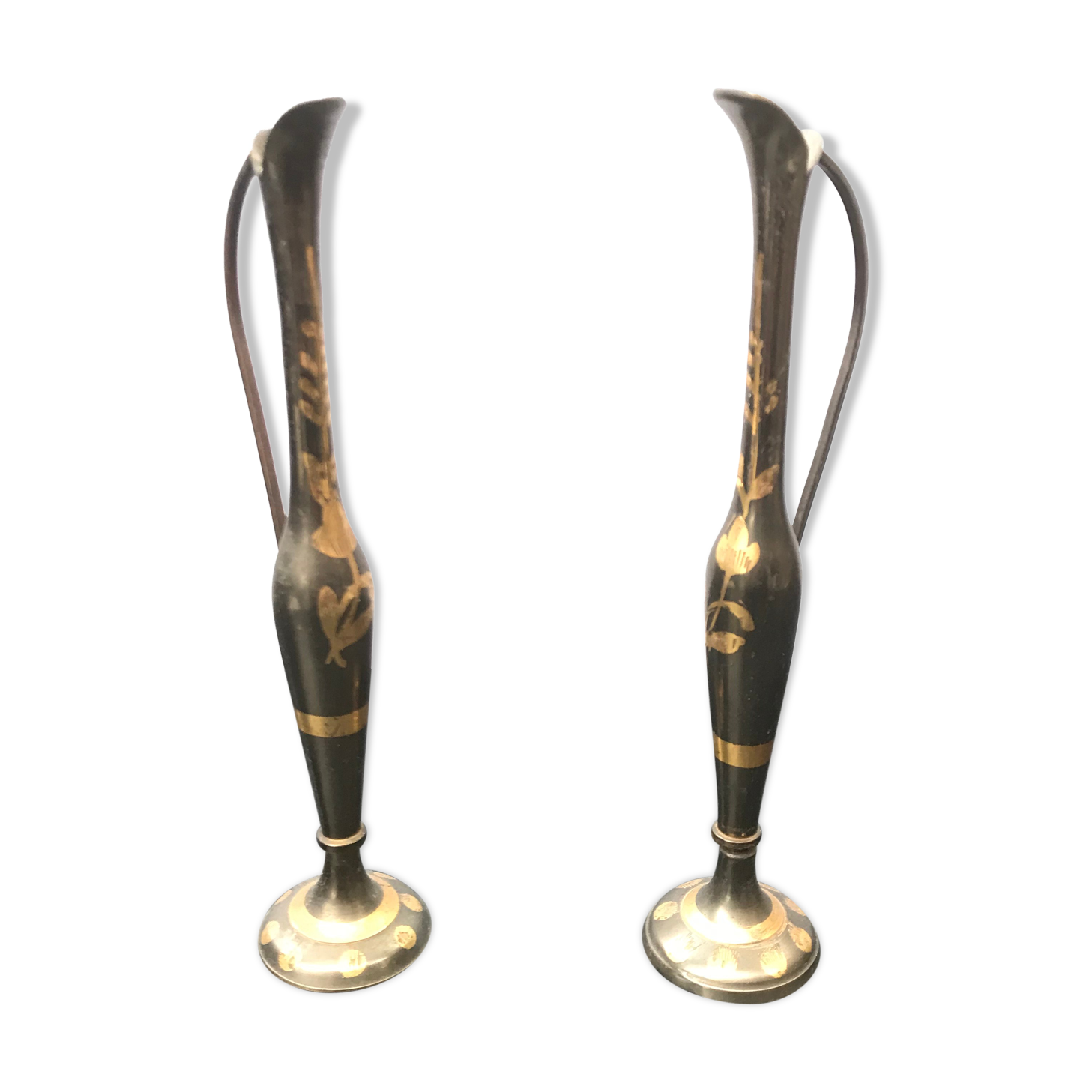 Pair ancient vase soliflore - anse metal vintage golden decoration