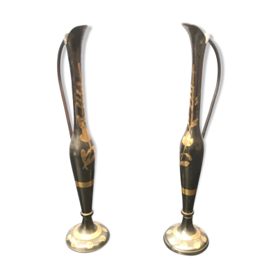 Paire ancien vases soliflore avec anse métal décor doré vintage