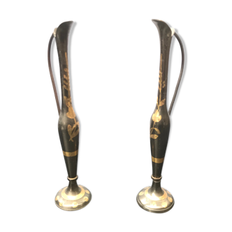 Pair ancient vase soliflore - anse metal vintage golden decoration