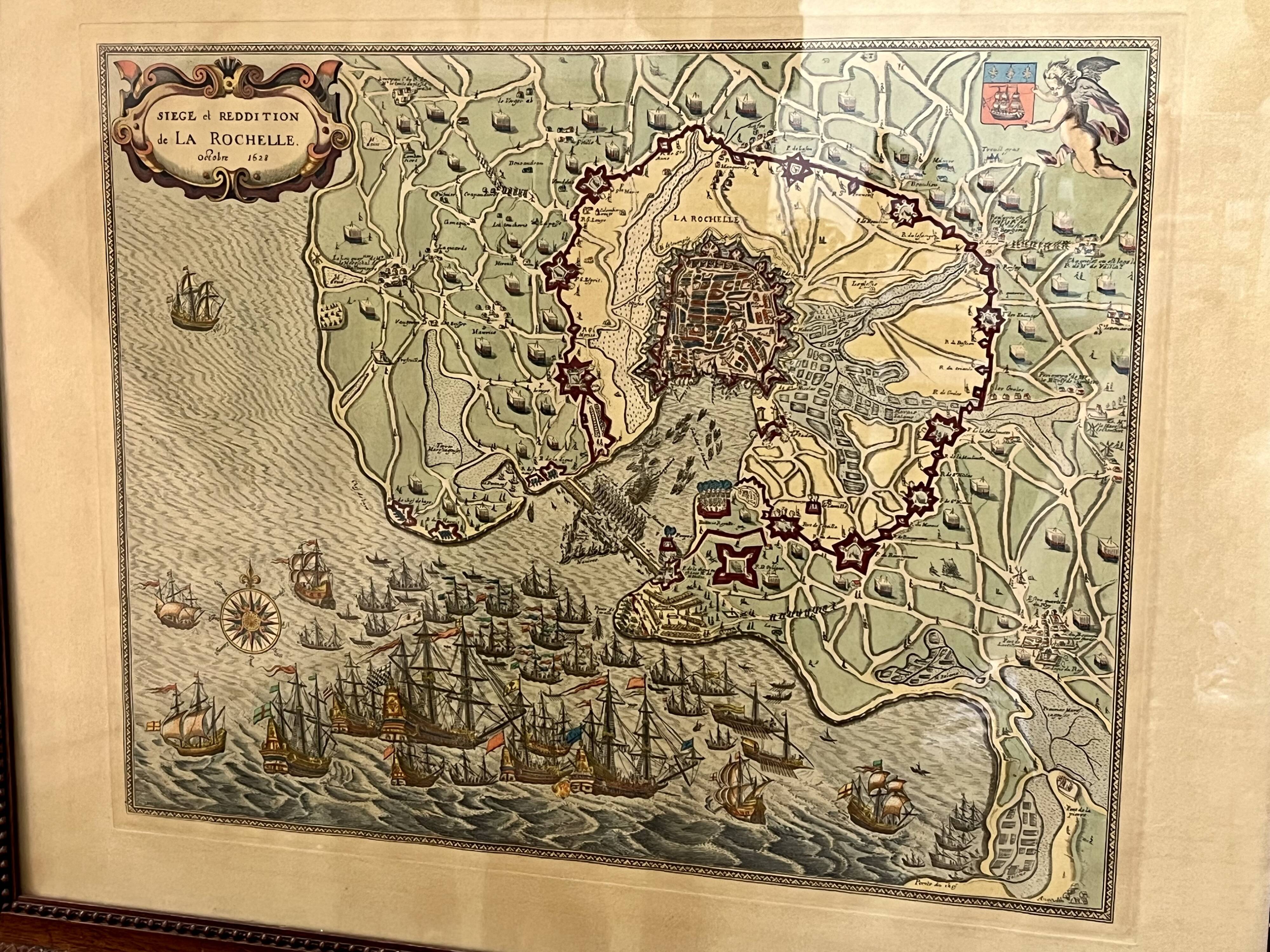 Engraving map siege & surrender La Rochelle -1628
