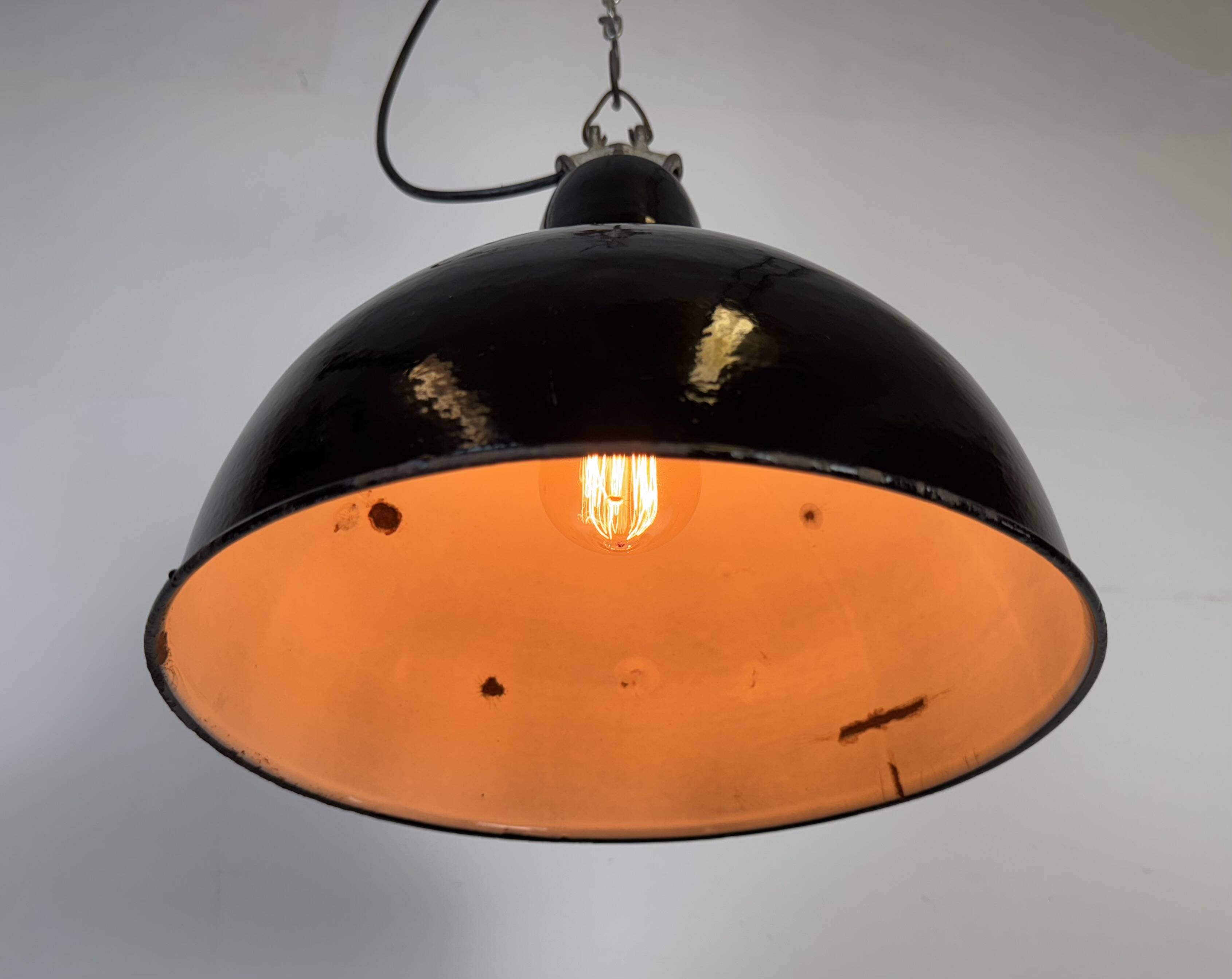 Industrial Black Enamel Factory Lamp with Cast Iron Top, 1950s