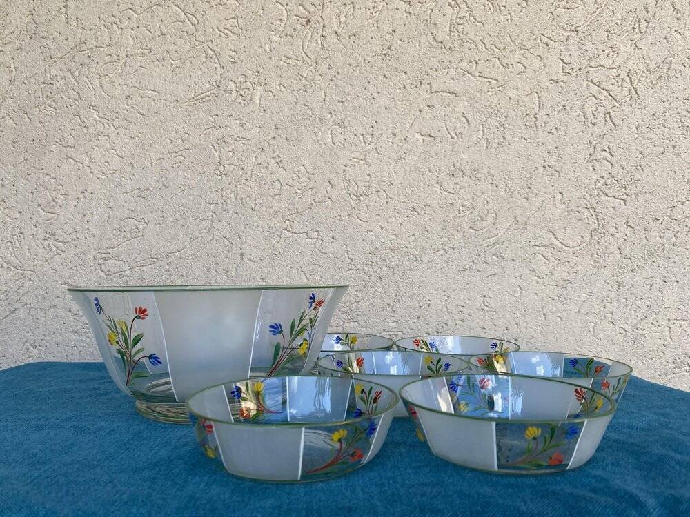 Set of 7 hand-painted glass bowls, multicoloured transparent, Hungary 1950s