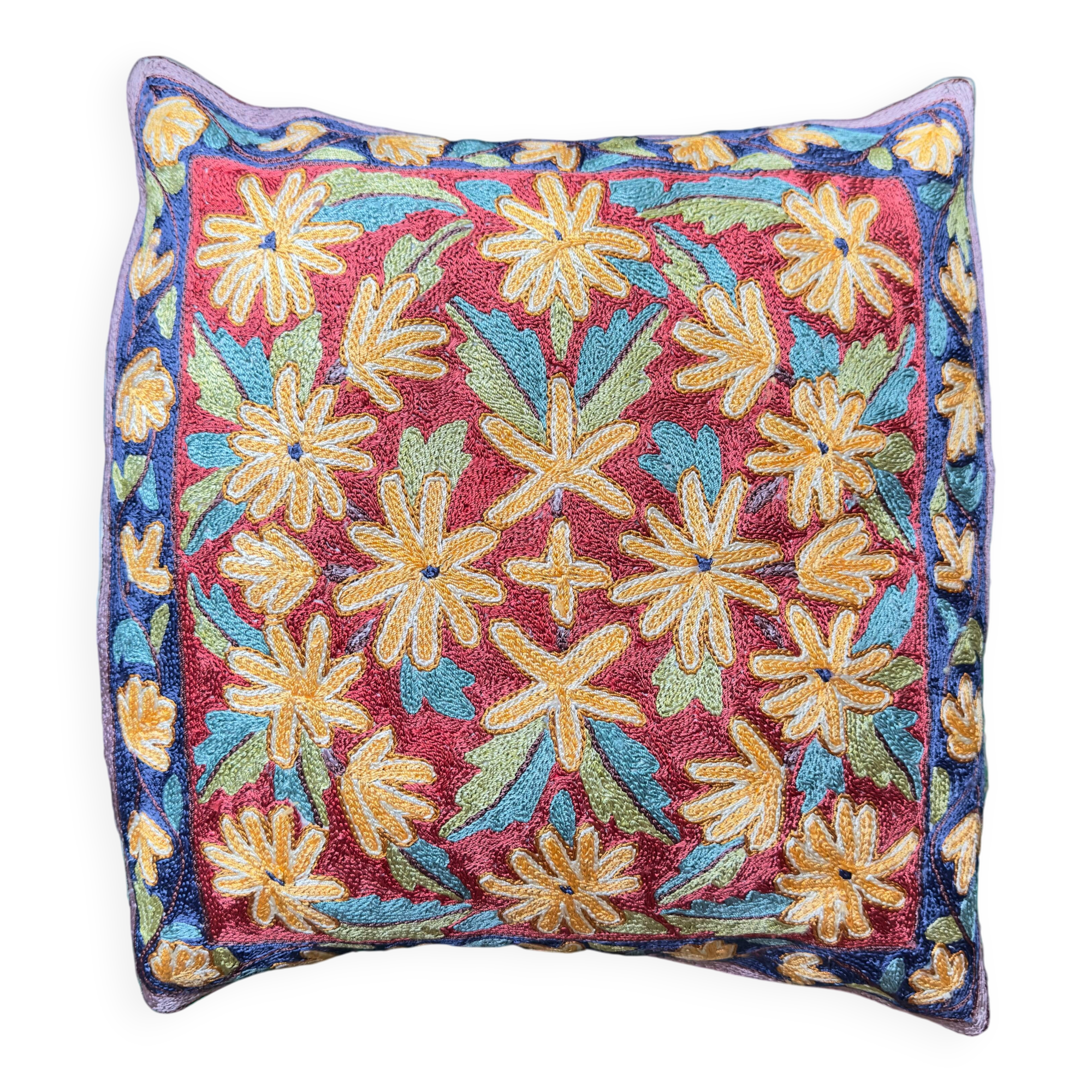 Hand-embroidered cushion cover from Kashmir, Mughal floral pattern 40 x 40 cm