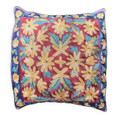 Housse de coussin brodée main du Cachemire, motif floral moghol 40 x 40 cm