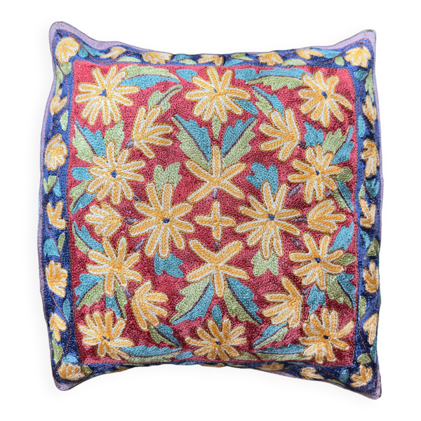 Housse de coussin brodée main du Cachemire, motif floral moghol 40 x 40 cm — Beyit
