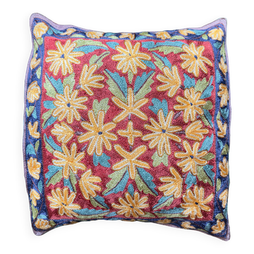 Hand-embroidered cushion cover from Kashmir, Mughal floral pattern 40 x 40 cm