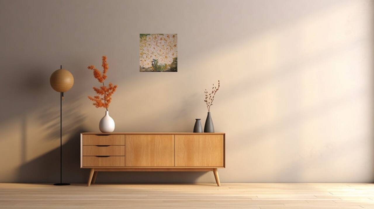 Original signed white flower bouquet painting with its certificate