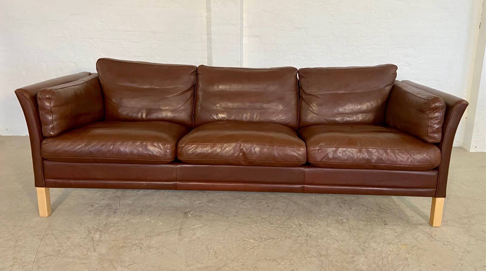 Canapé en cuir marron 3 places Mogens Hansen vintage danois des années 60