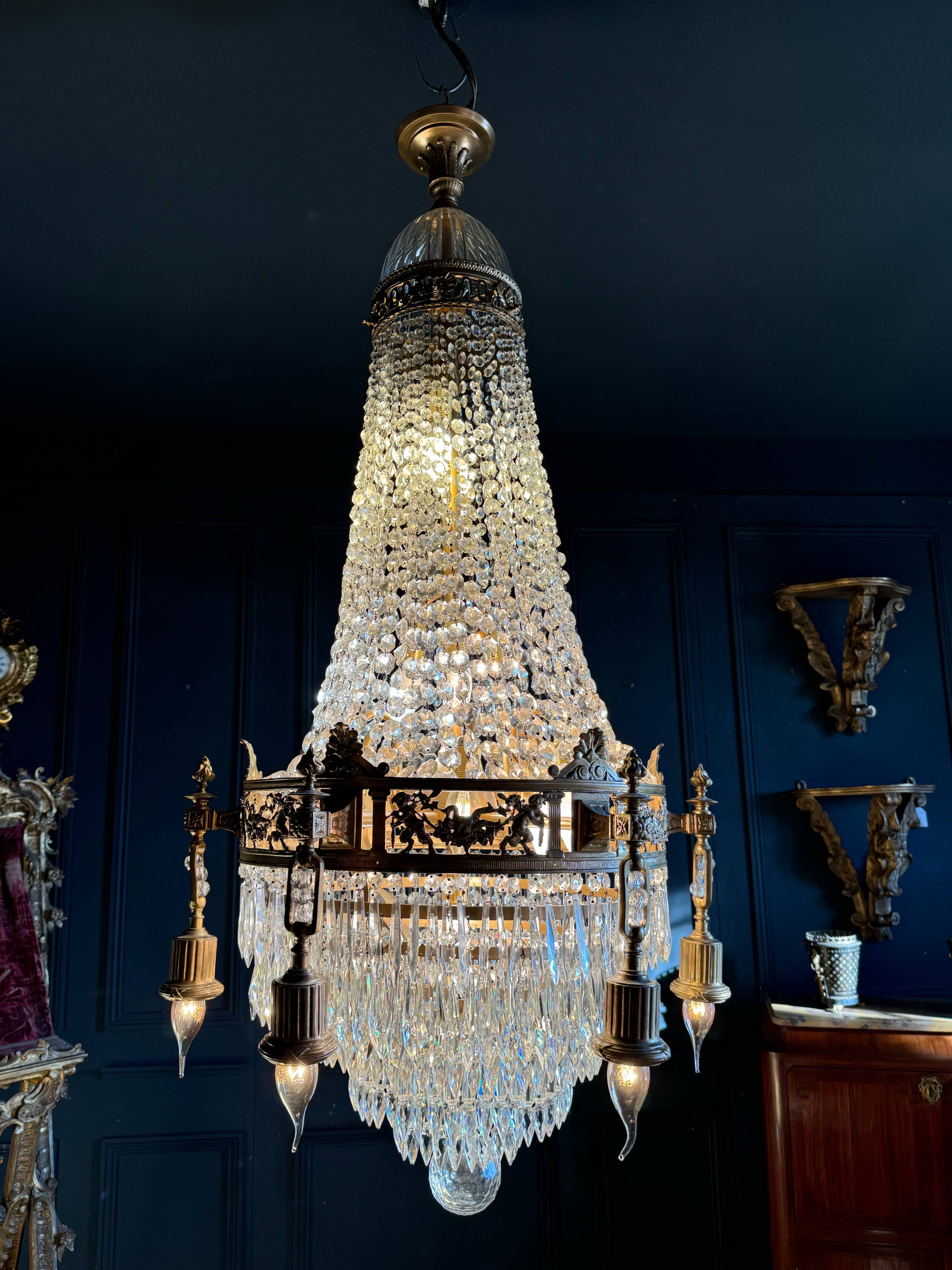 19th Century Louis XVI Style Gilt Bronze Chandelier With Crystal Tassels - H125cm