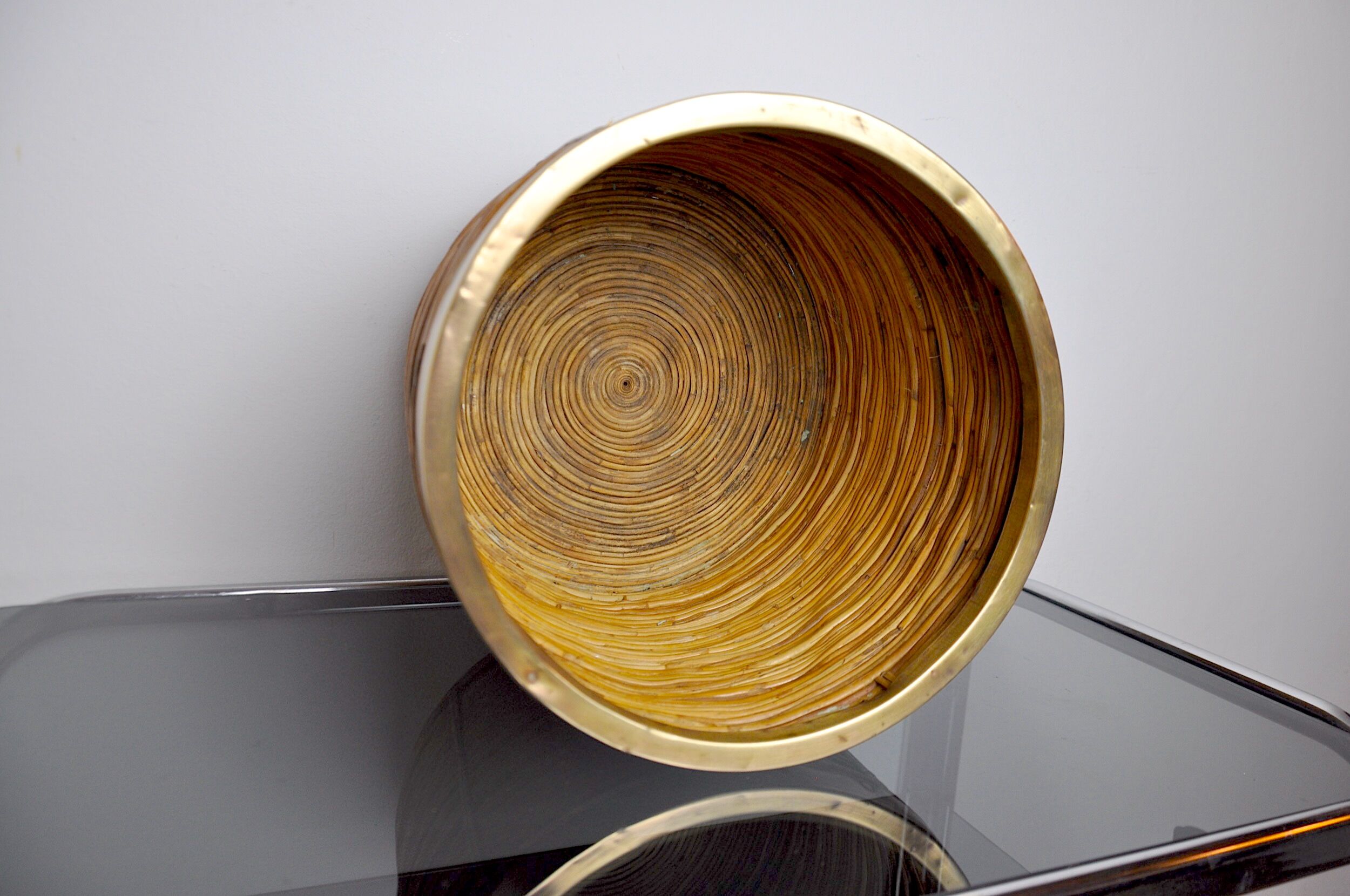 Rattan and brass planter basket, Italy, 1970