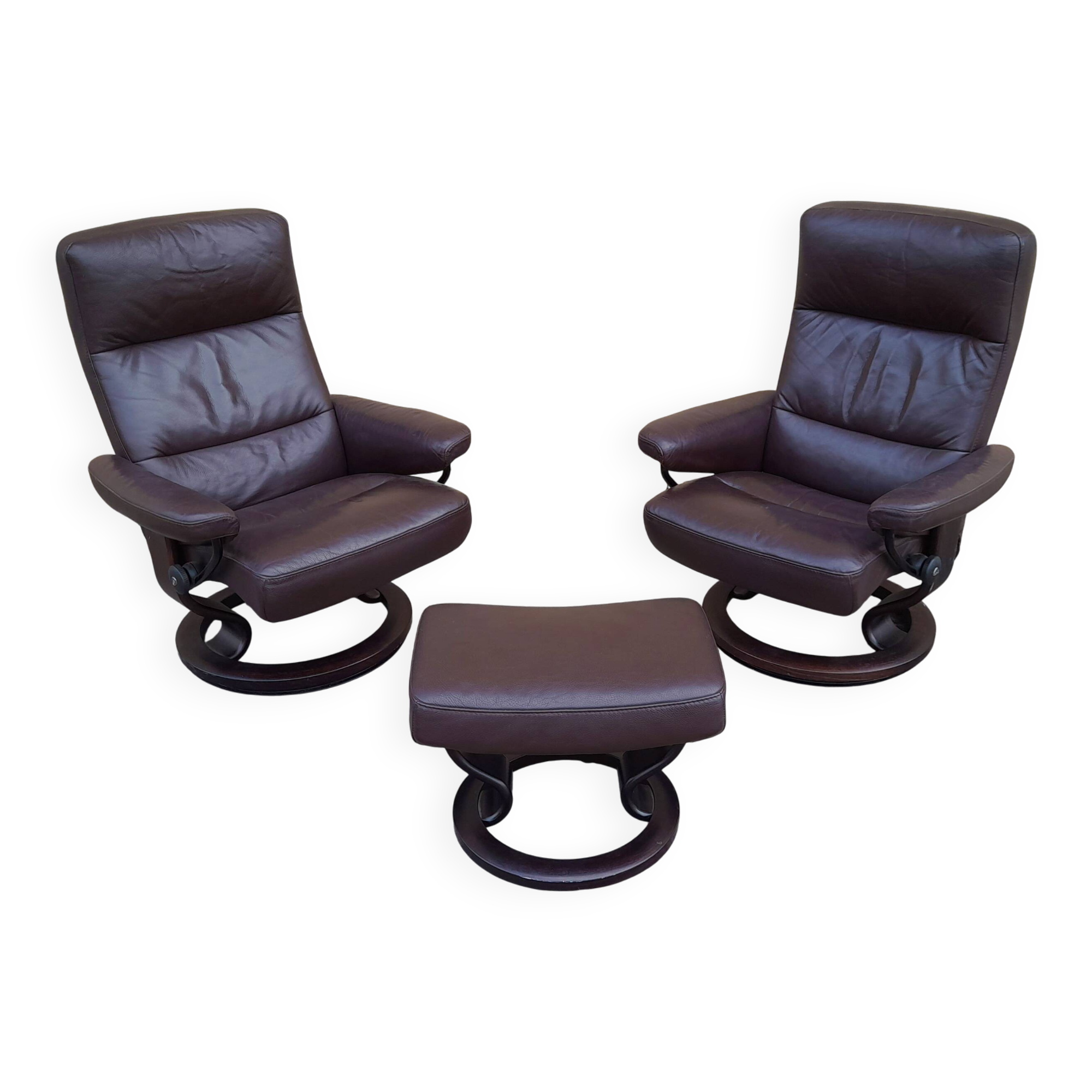 Pair of Scandinavian leather armchairs and ottoman, Ekornes, Norway, 1970