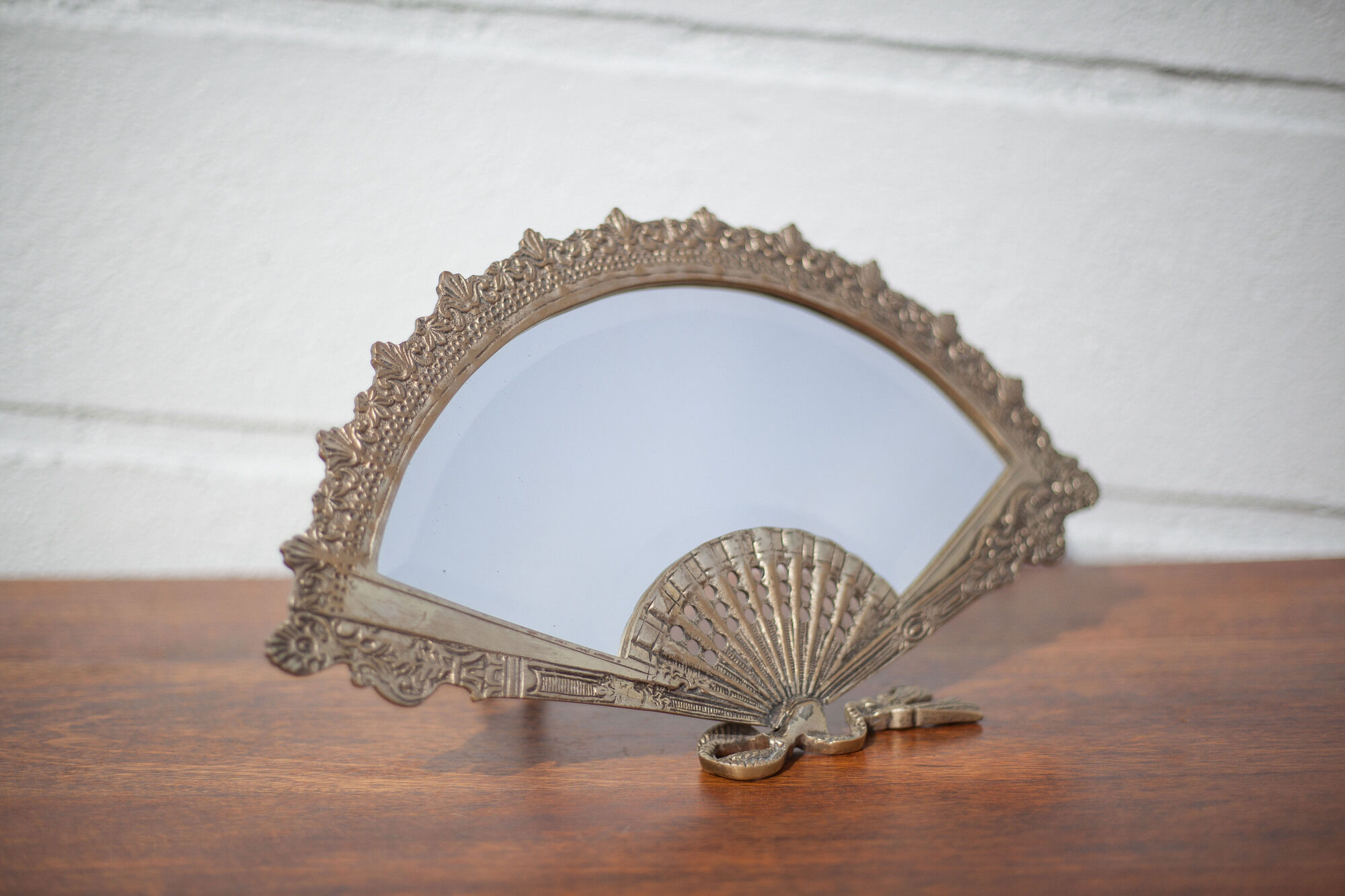 Patinated brass fan mirror, table mirror, courtesy mirror, beveled mirror, mirror to be installed