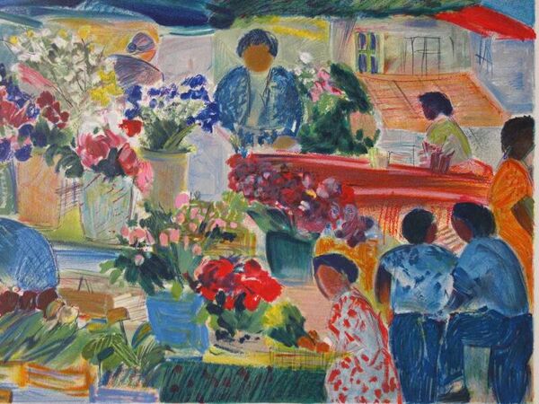 Lithographie ''Le Marché aux fleurs'' signée Nancy Delouis