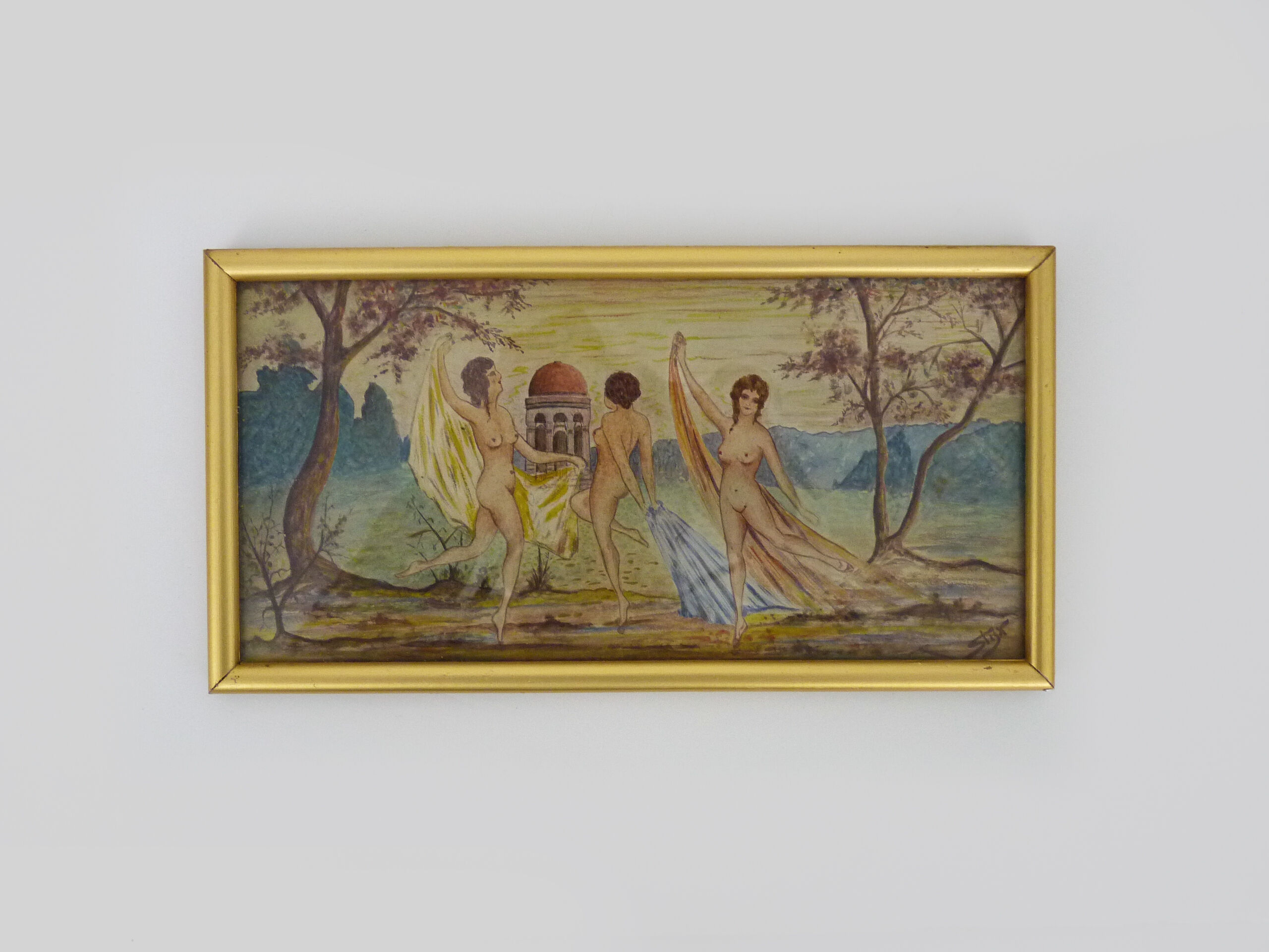 Mixed technical drawing 3 women dancing naked, 3 women in the bath. Signed. Year 20 30