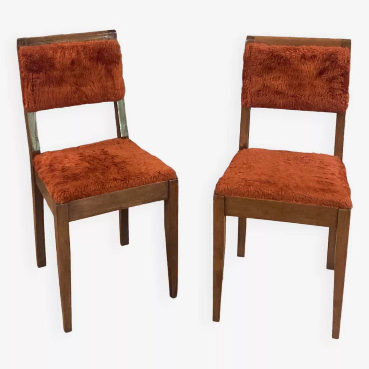 Pair of 1960 1970 chairs in wood and fur / vintage seat signed TAB