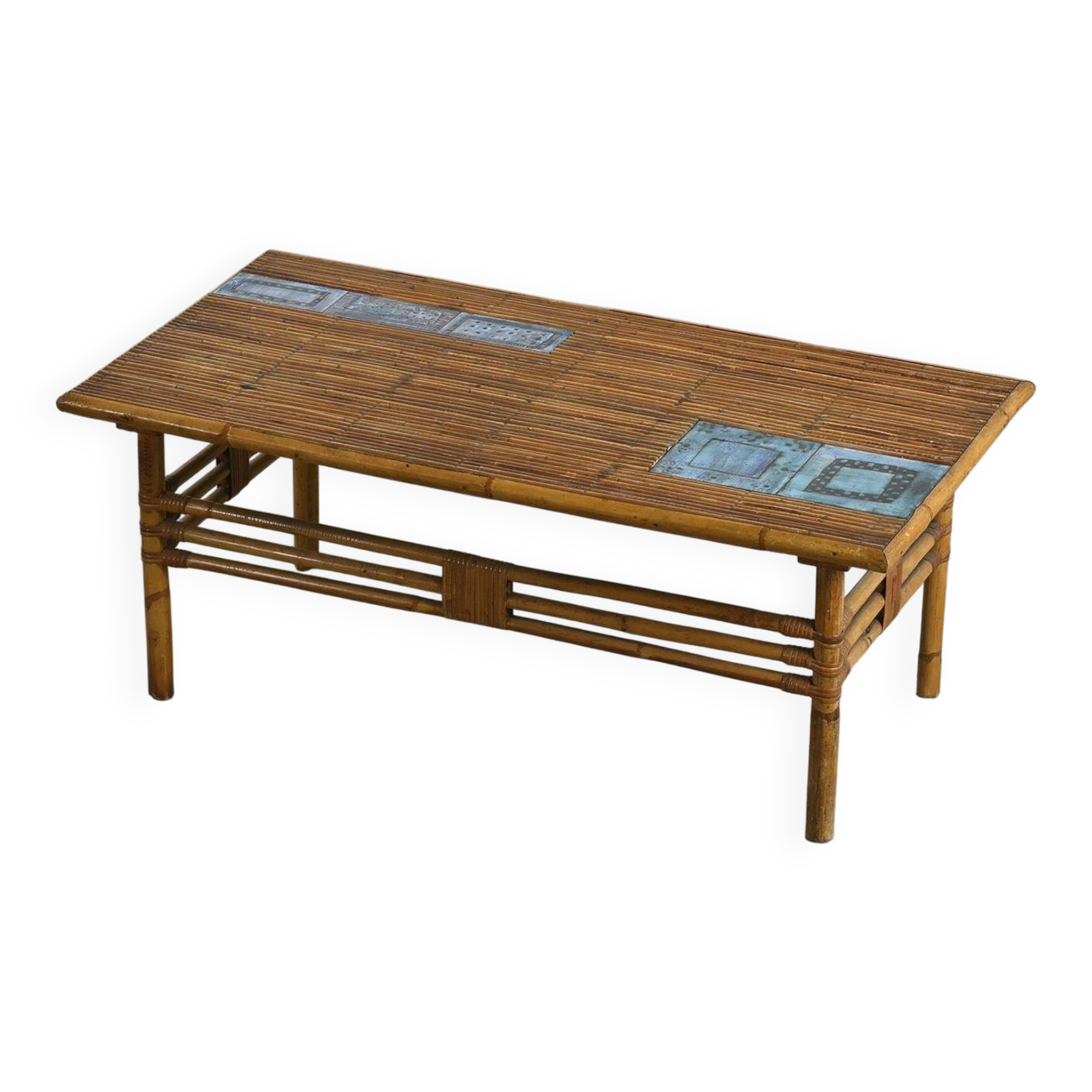 Coffee table with blue ceramic tiles by Robert and Jean Cloutier
