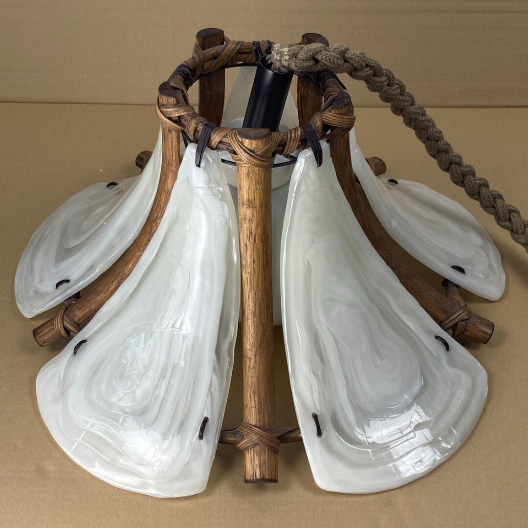 Bamboo acrylic and opaline hanging pendant, 1970,  58cm