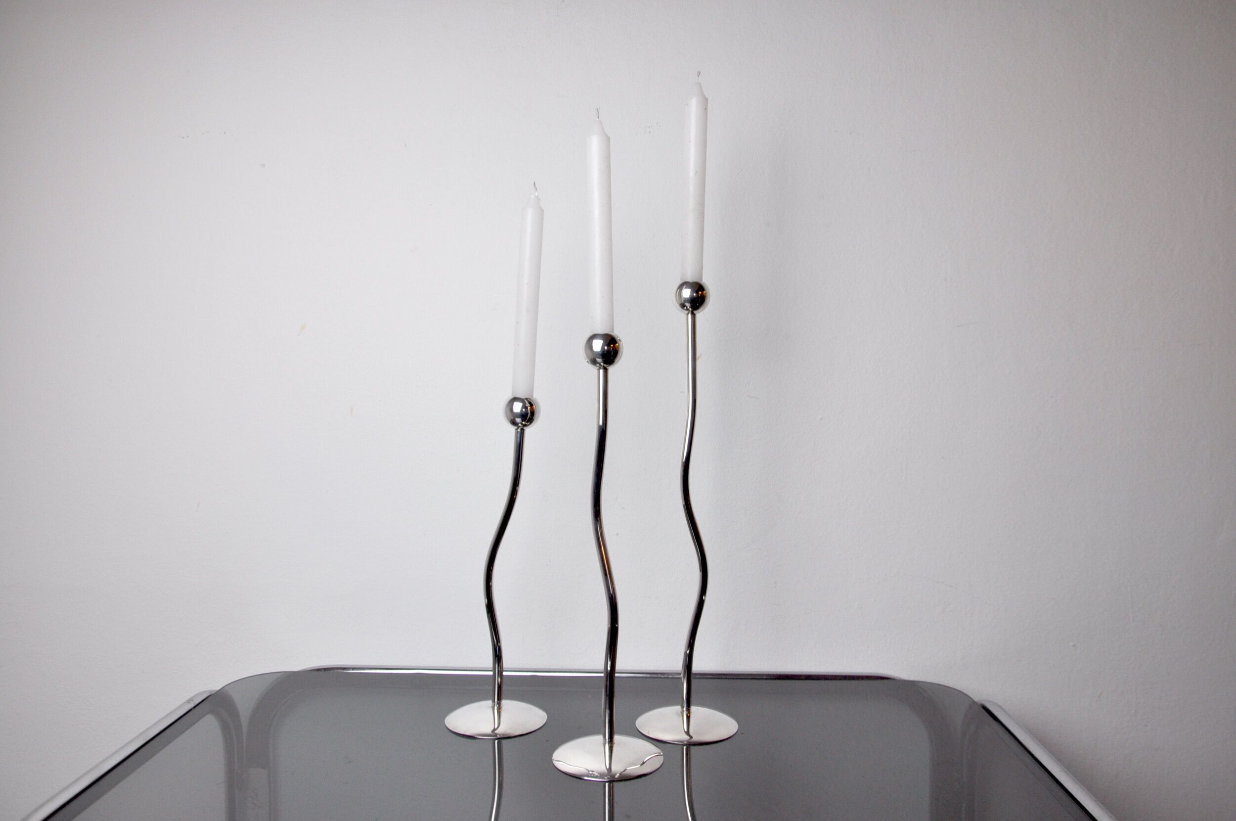 Trio of silver metal candle holders by Mesa, Italy, 1980