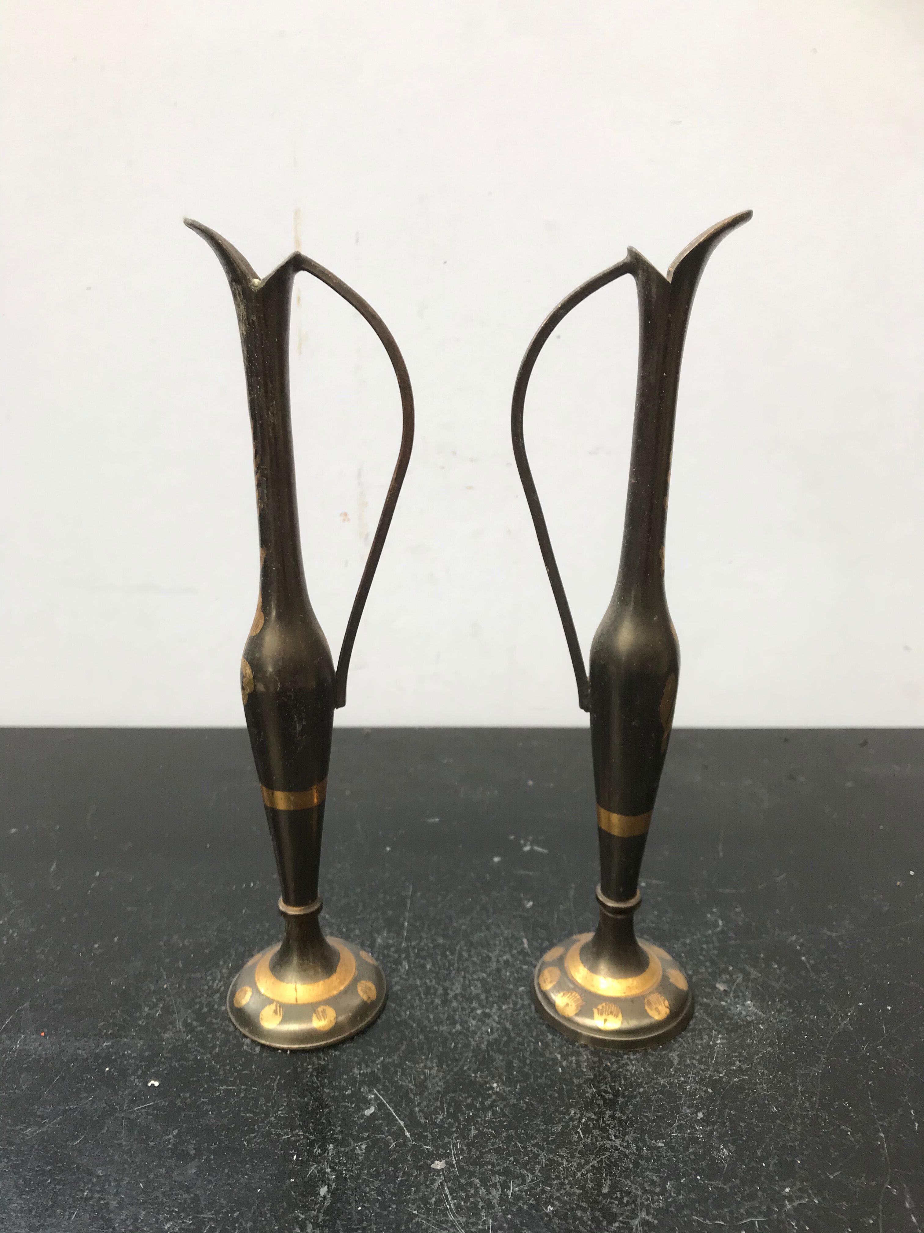 Pair ancient vase soliflore - anse metal vintage golden decoration