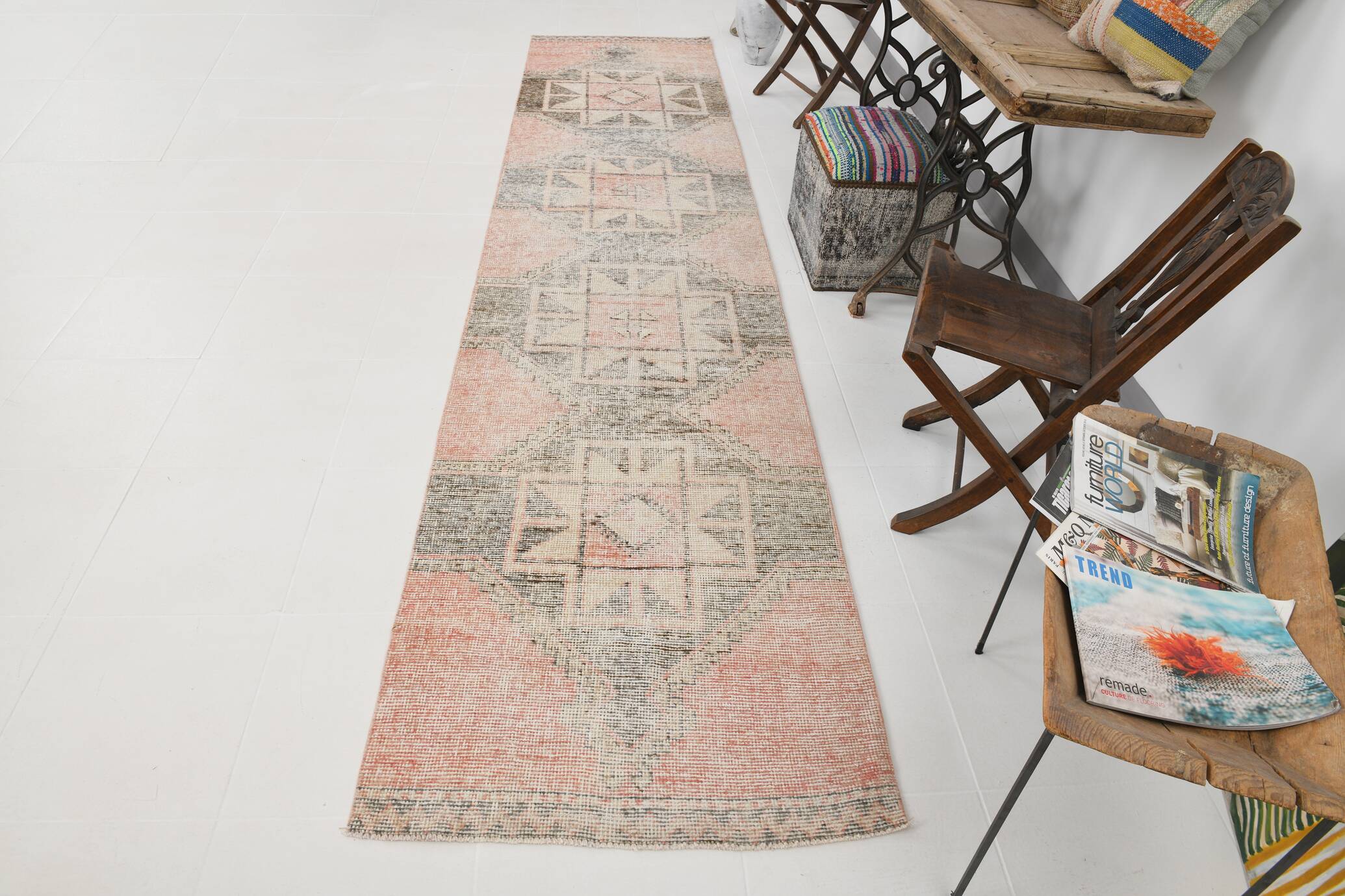 3x13 Pale Red Turkish Vintage Runner Rug, 87x400Cm SK 20299