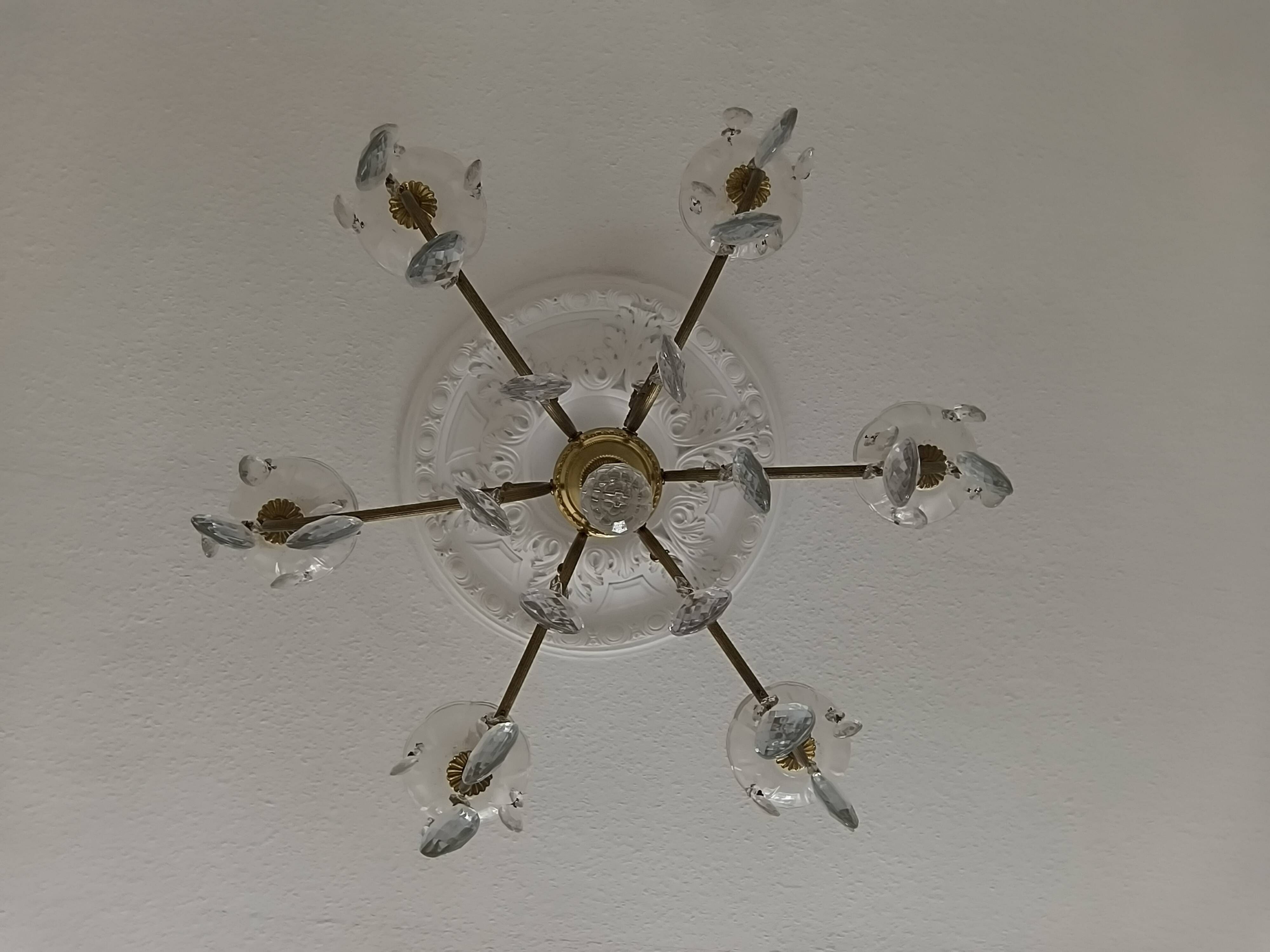 Vintage brass and crystal pendant chandelier with 6 lights