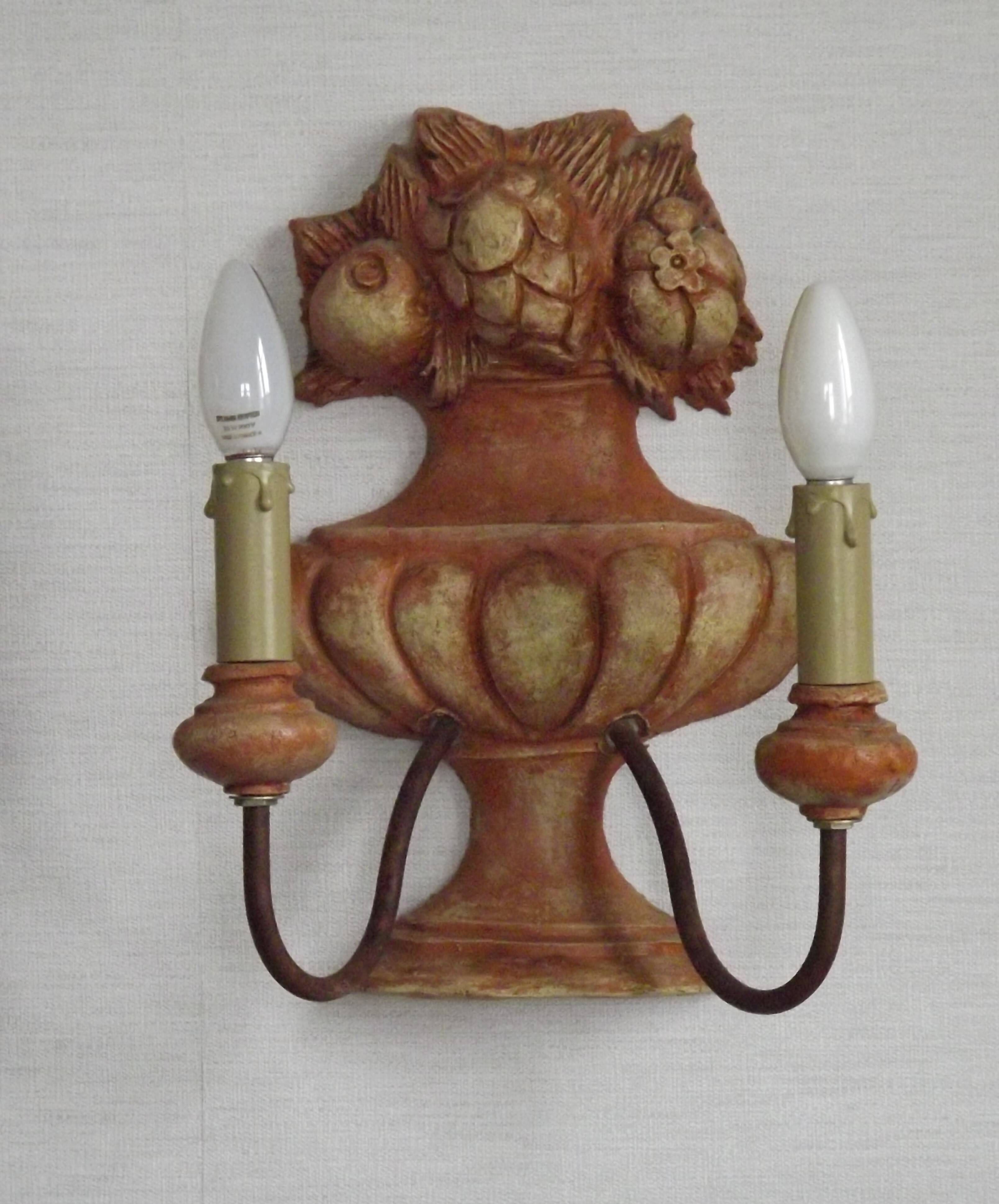 Rare Large Pair of French Terracotta Urn Fruit Basket Double Wall Lights