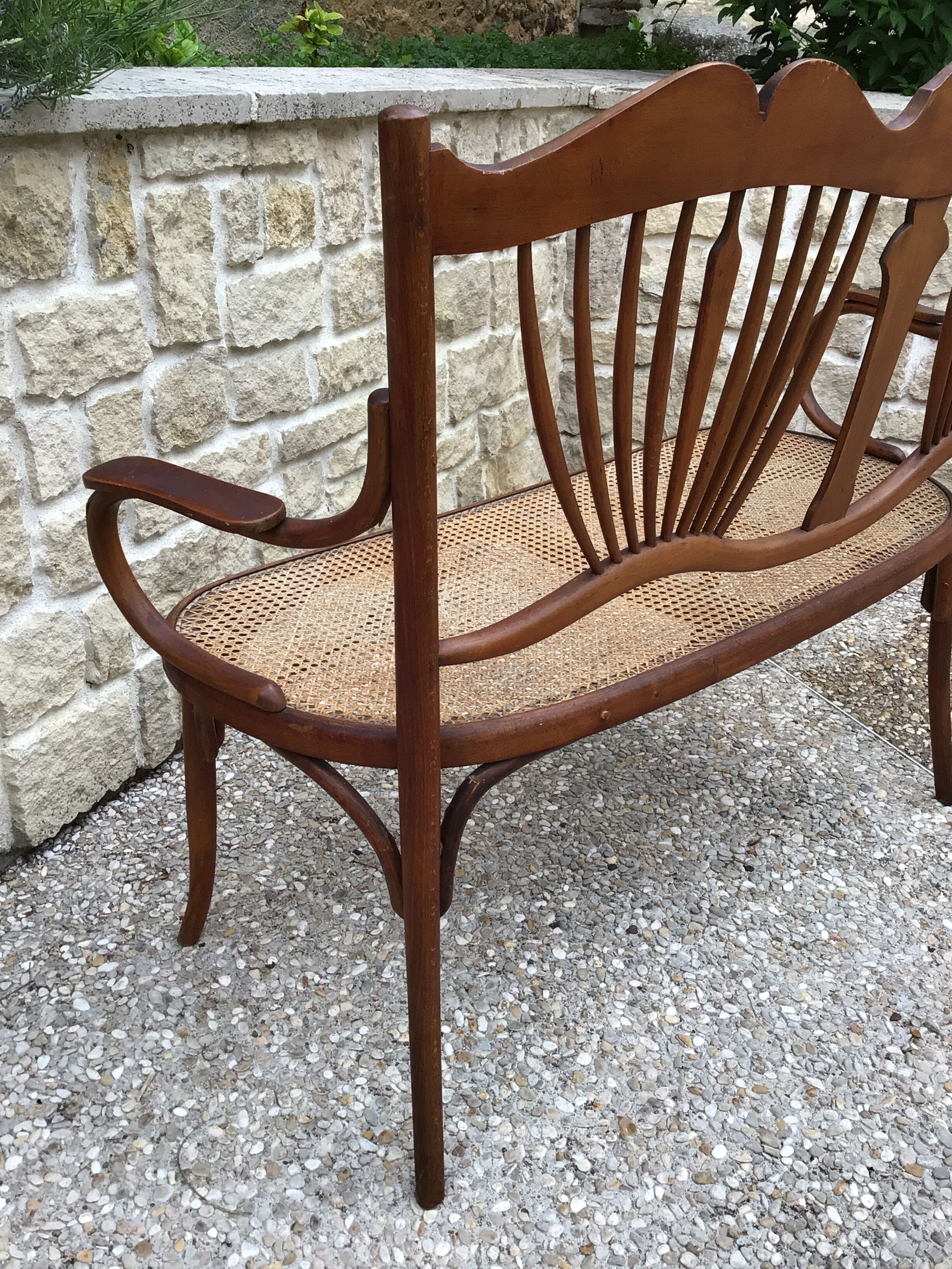 Sofa bench in curved wood and rattan fischel