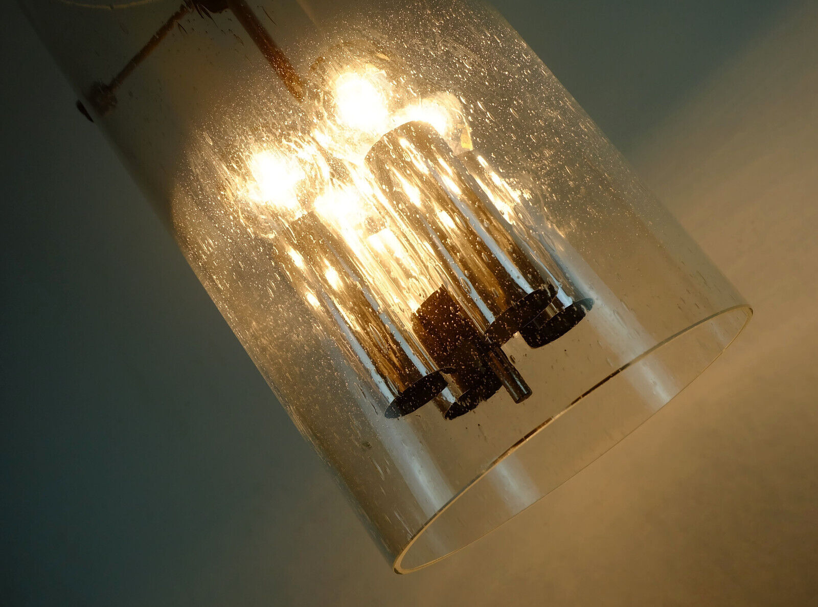 Glashuette Limburg pendant light in bubble glass and chrome lampshade 1970s