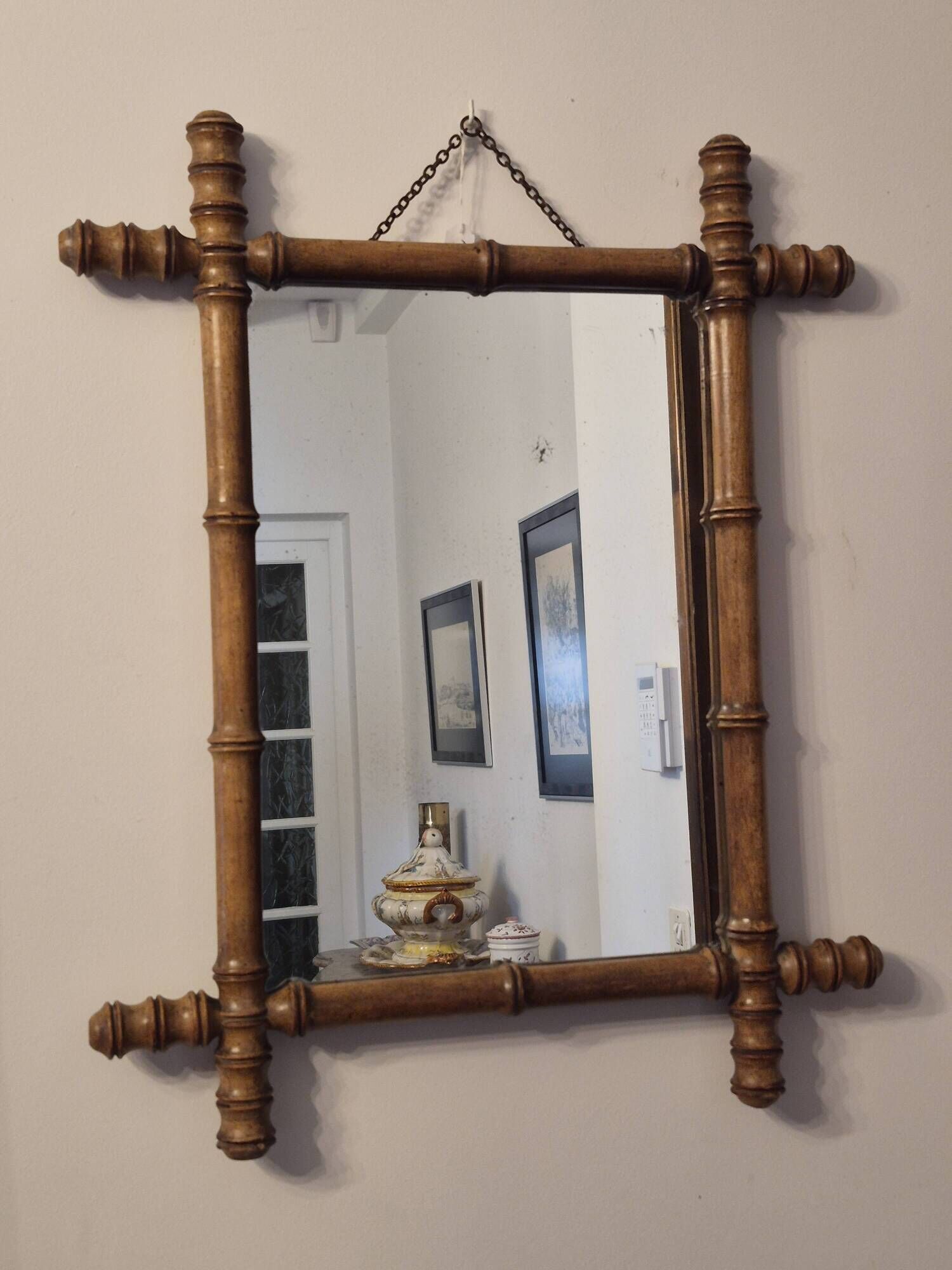 Antique turned wooden mirror in bamboo style, late 19th century A117