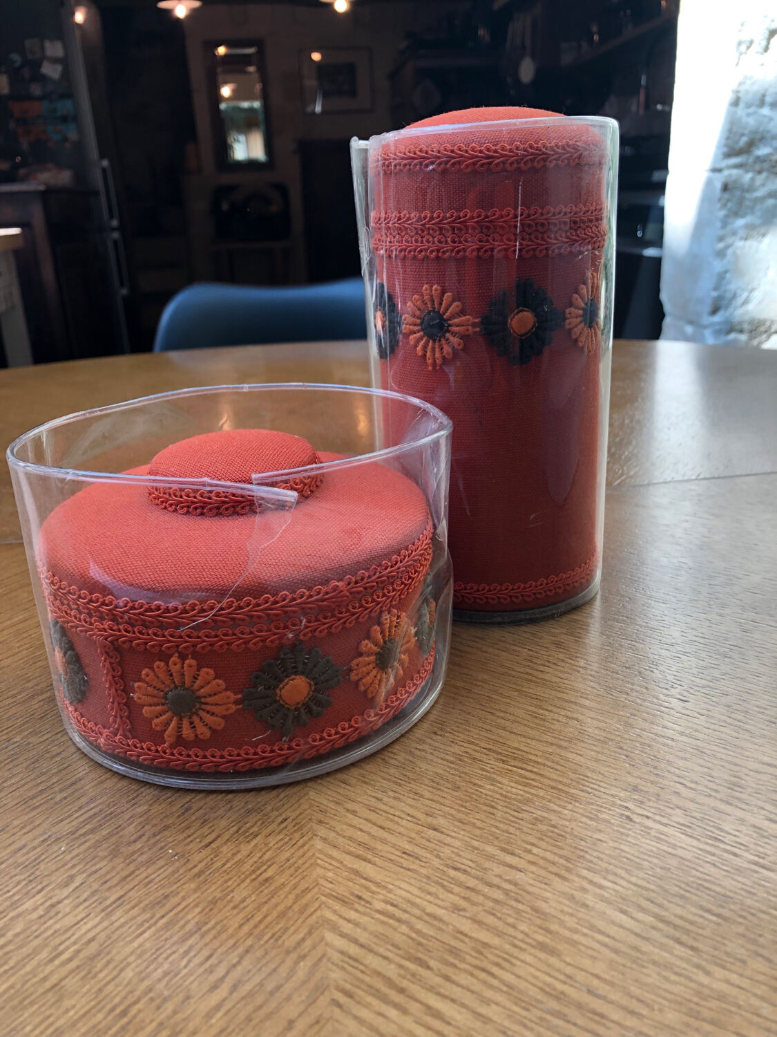 Vintage orange toilet storage boxes